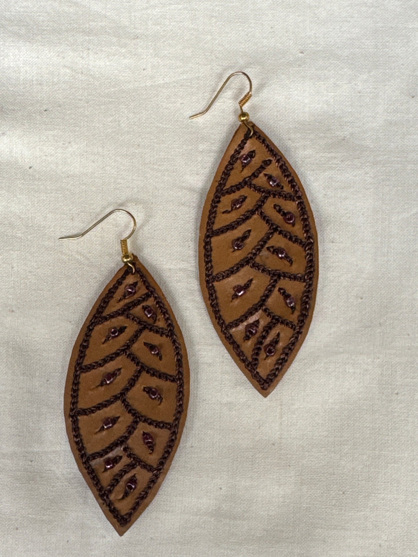 Leather with hand embroidery light weight earrings - shapes, designs and color choice available