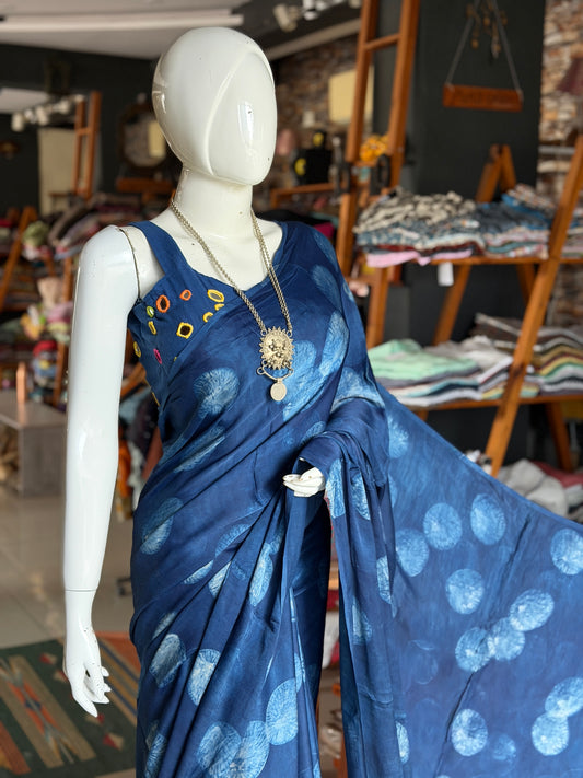 Indigo hazy circles print soft modal yardage saree / fabric - handcrafted