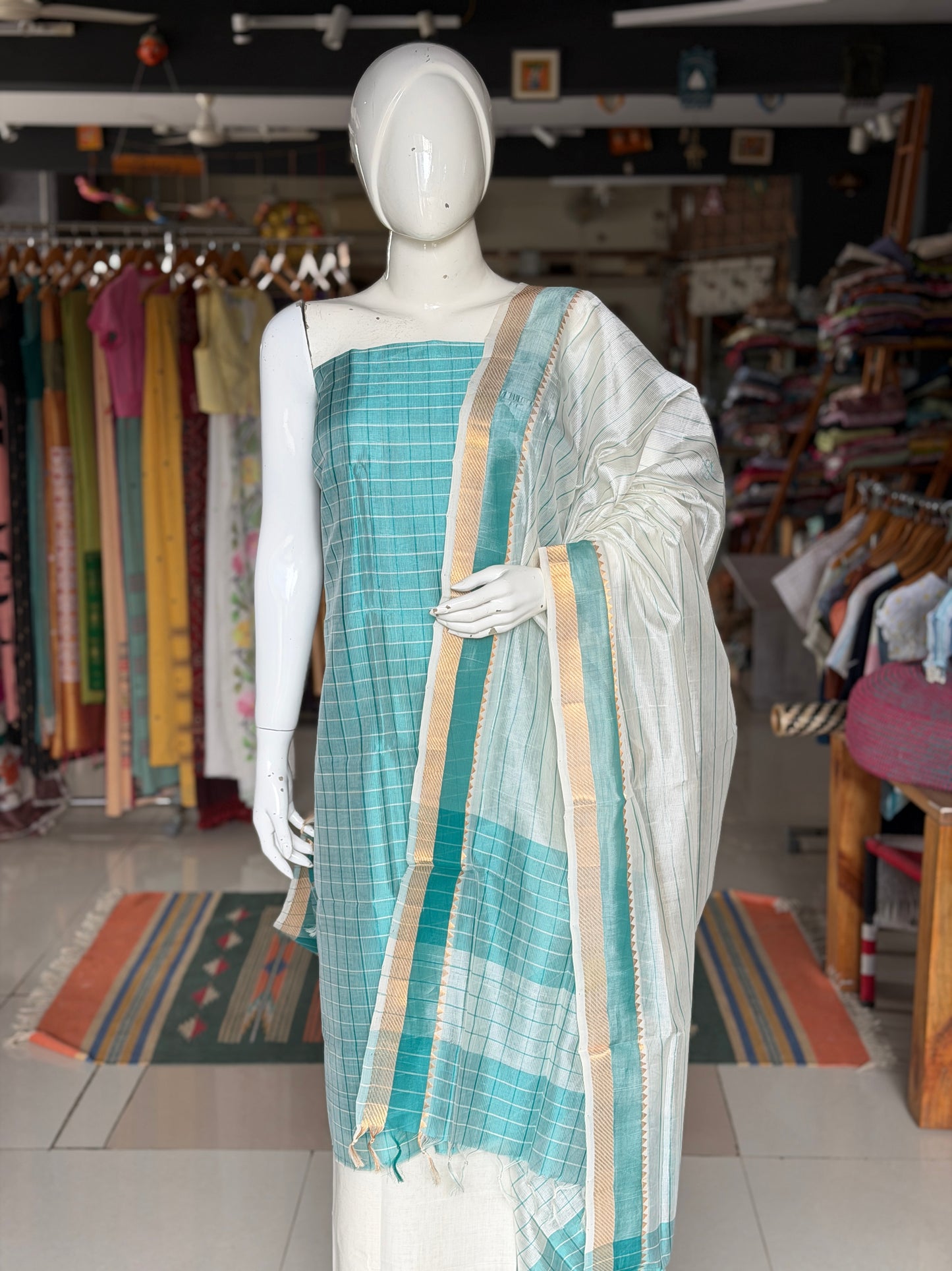 Silk cotton handwoven mangalagiri 3 piece unstitched set - kurti, pants n dupatta set