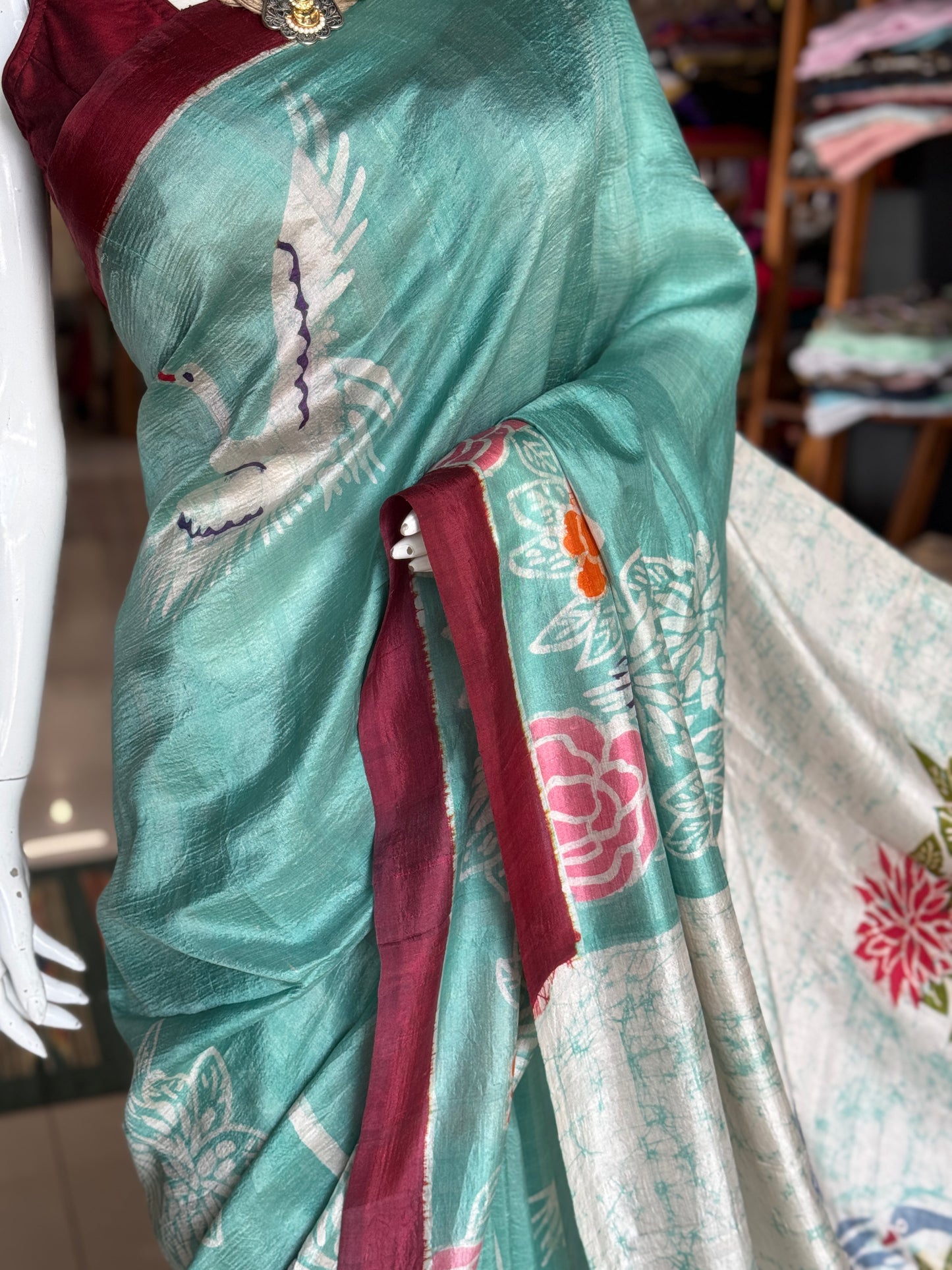 Sea green birds and flowers hand painted Batik pure soft katan silk saree