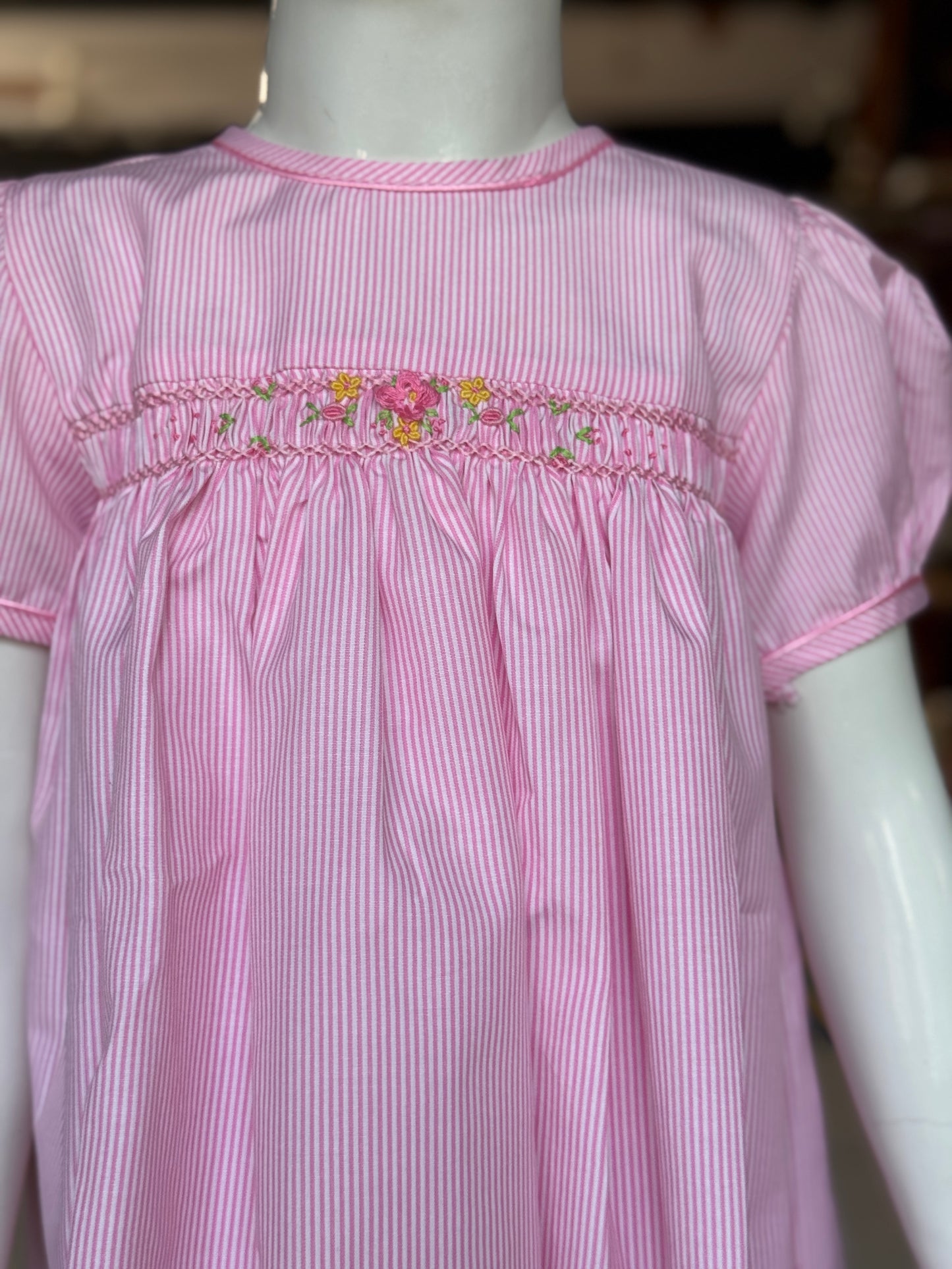 Pink stripes hand embroidered smocking cotton frock for girls