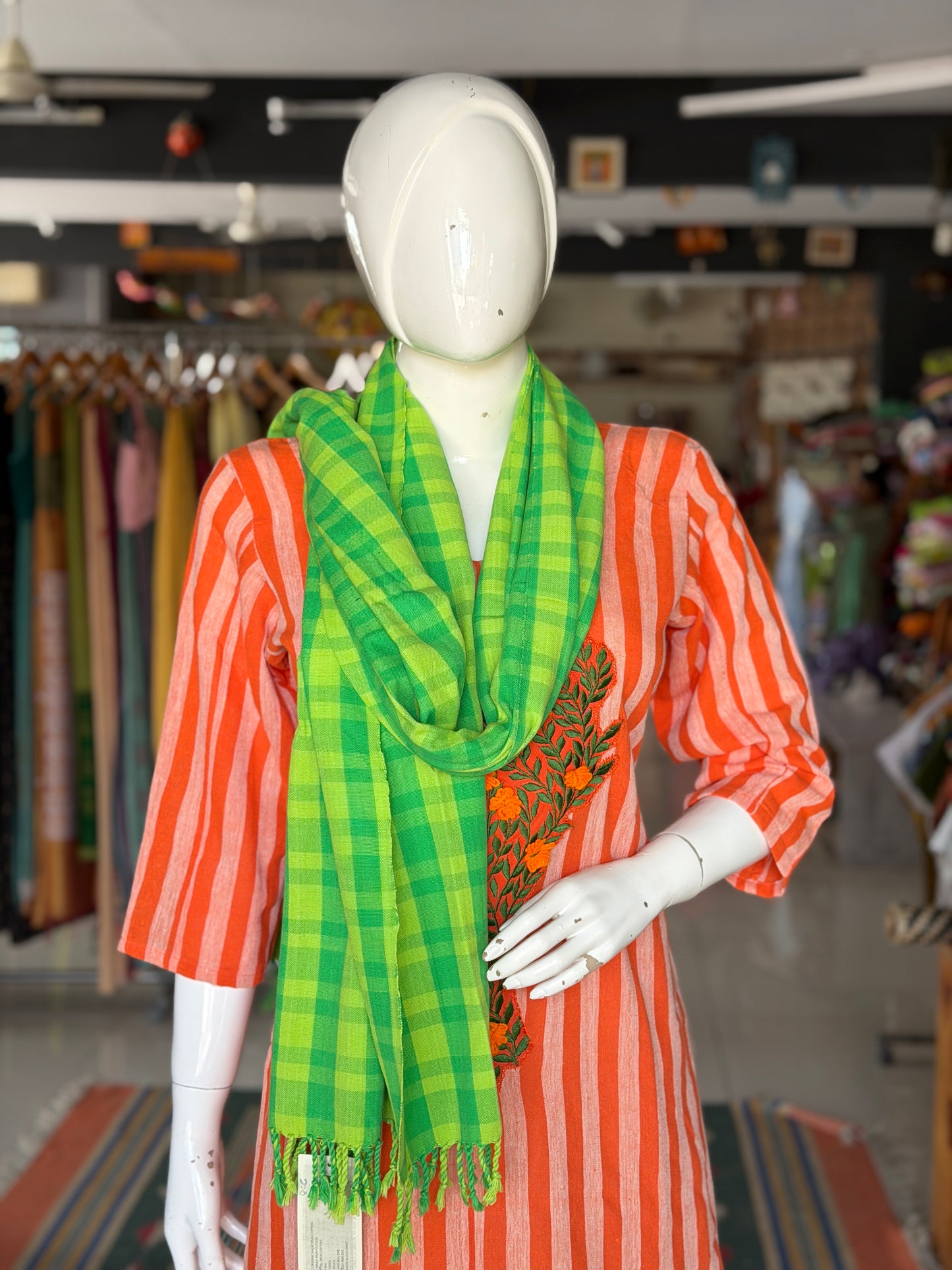 Bright green checks hand woven cotton scarf / stole