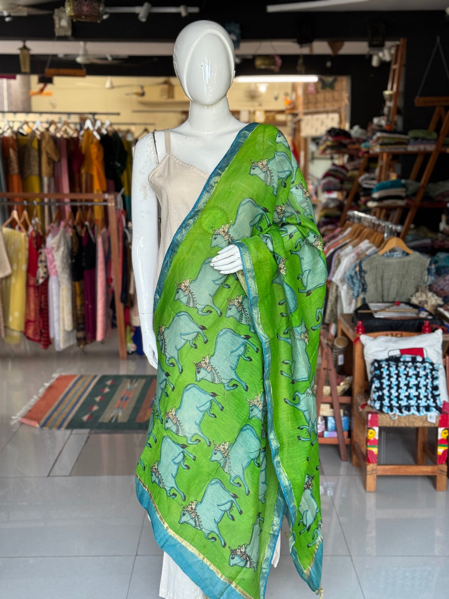 Silk cotton Chanderi hand painted pen Kalamkari dupatta