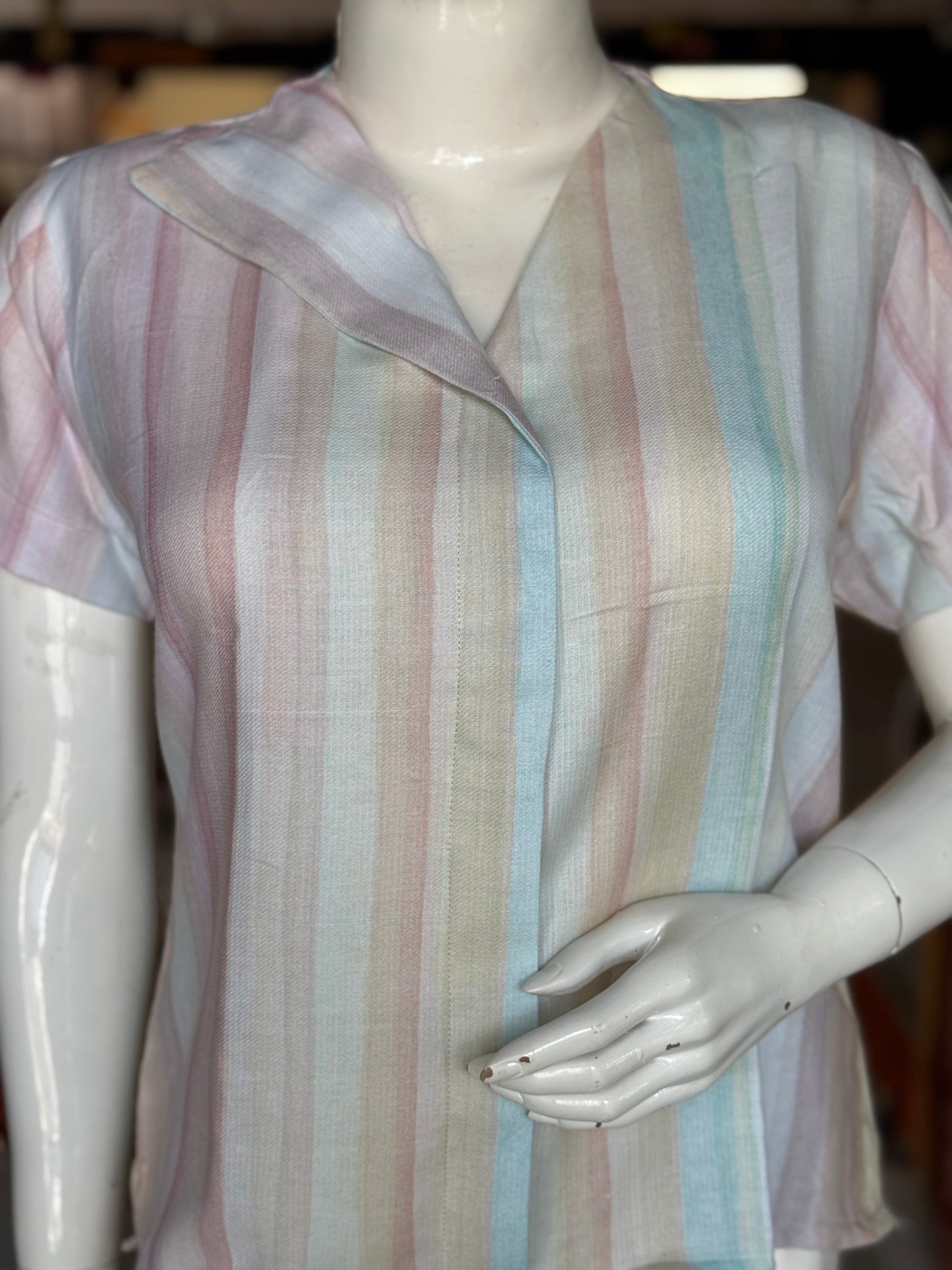 Pastel stripes handwoven soft textured cotton top with shoulder sleeves and asymmetric neckline
