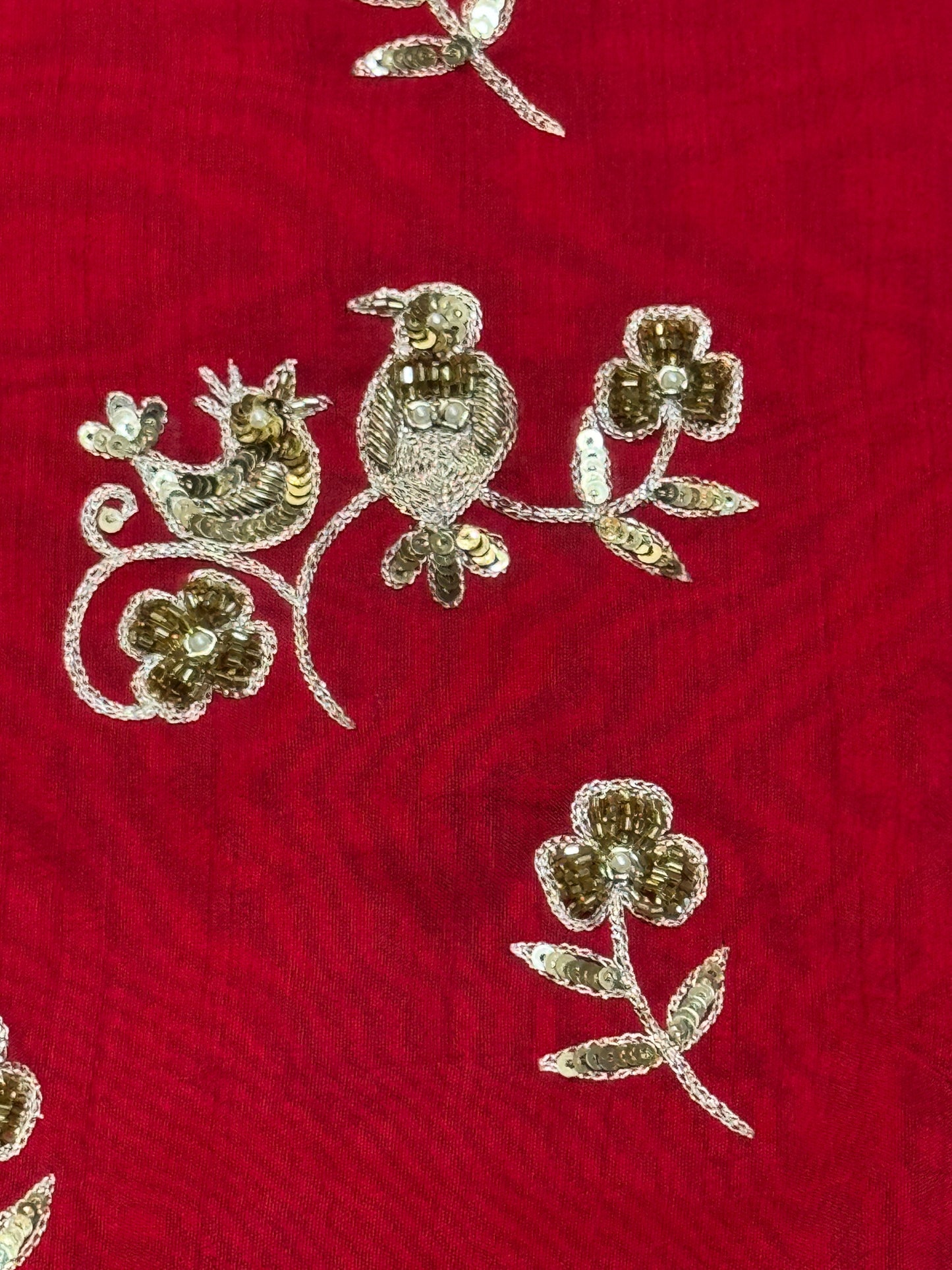 Birds and flowers - hand embroidered red silk unstitched blouse piece