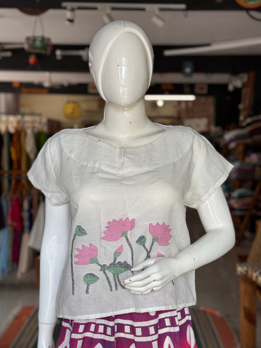White Jamdani cotton handloom top with floral motif on the front and back with elastic detailing