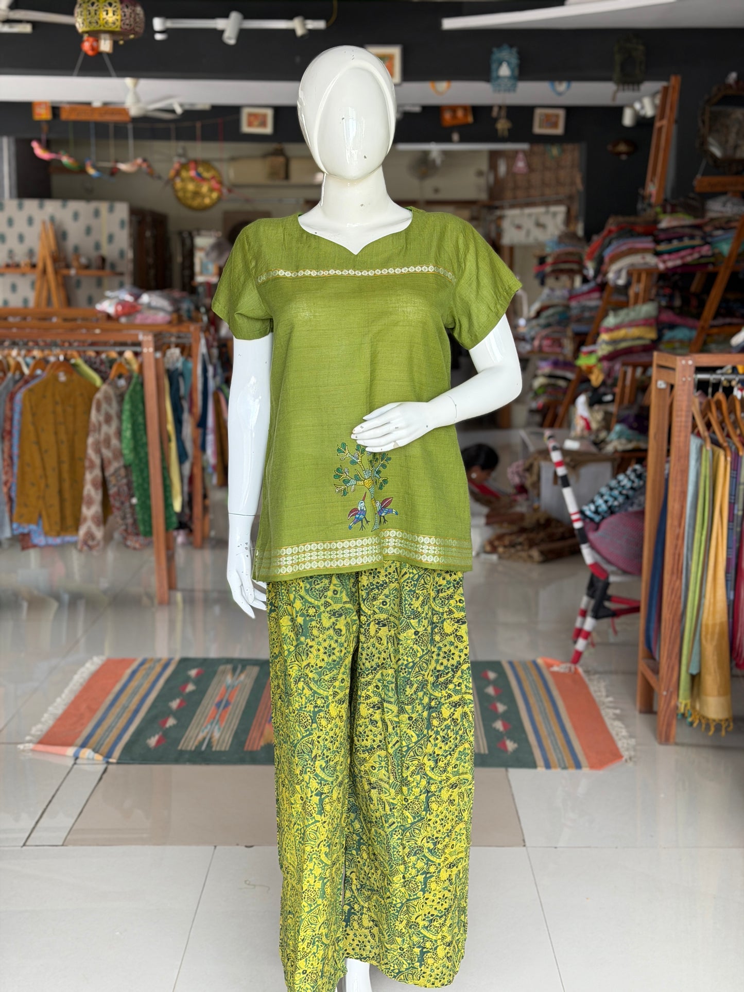 Green and yellow cotton hand block printed Ajrakh free sized pants