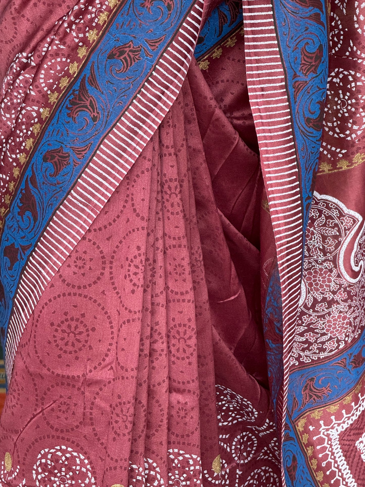 Wine shade hand block print silk cotton saree