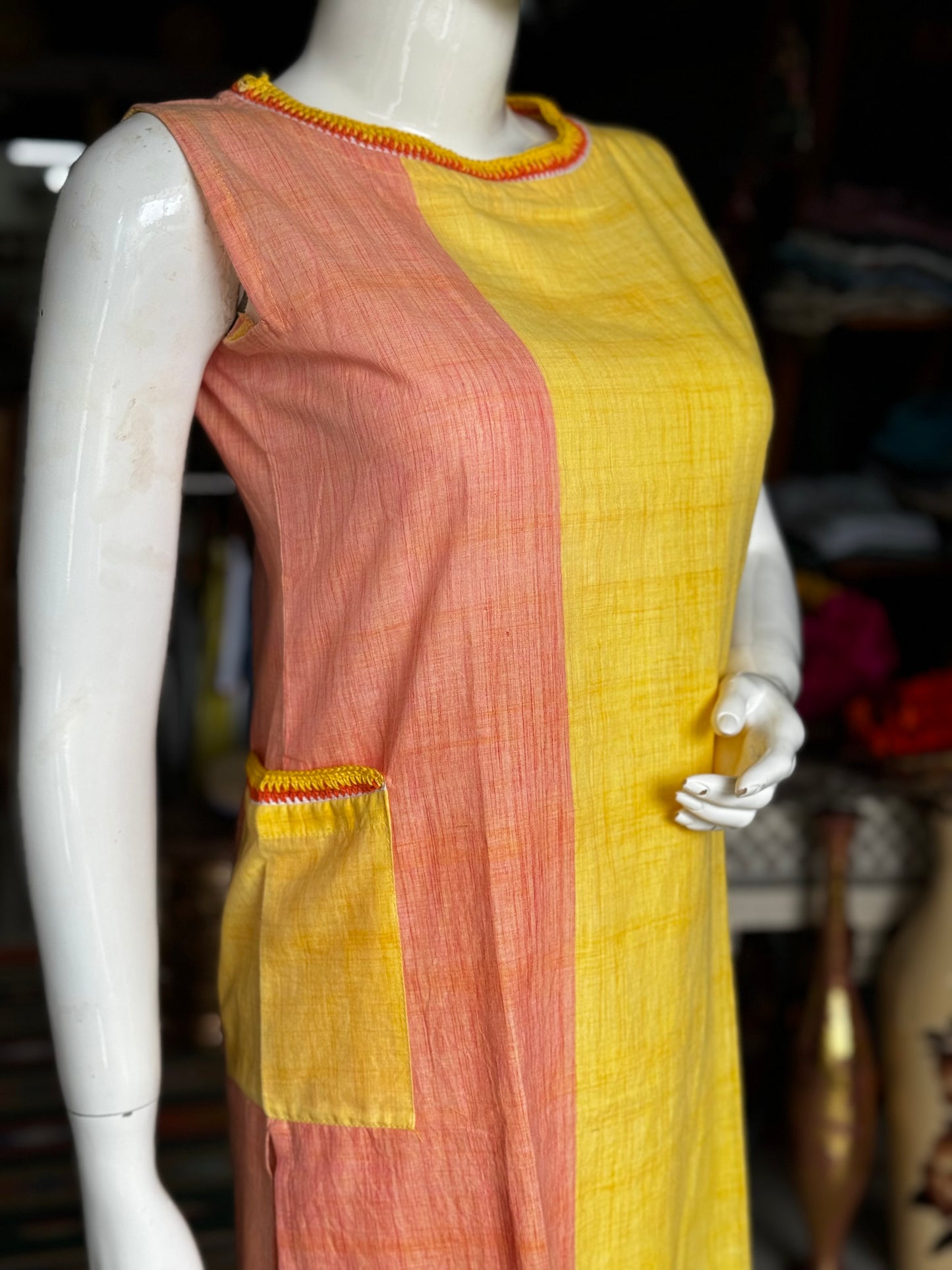 Peach yellow color block hand crocheted pocket details sleeveless cotton kurta