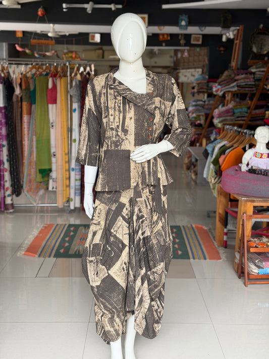 Black and beige hand block printed cotton top with asymmetric neck and side tie