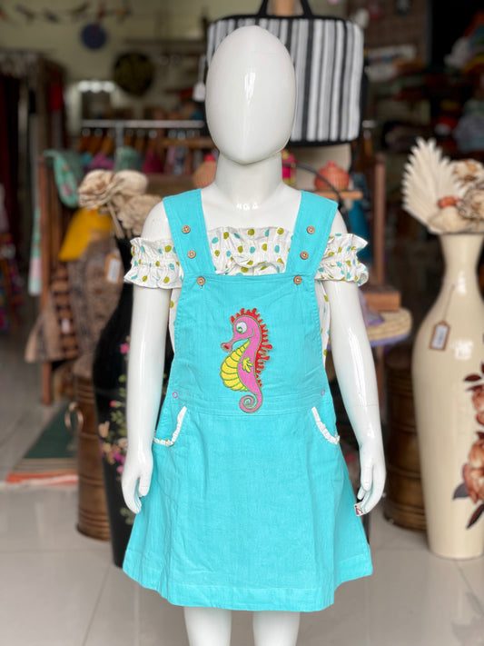 White handblock printed polka dot offshoulder top with aqua blue handloom cotton dungaree with handcrafted sea horse Appliq patch for girls