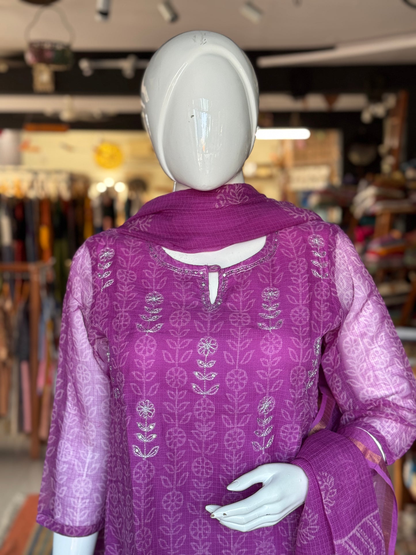 Purple hand block printed kota cotton straight kurti, pants and dupatta set - with hand embroidery
