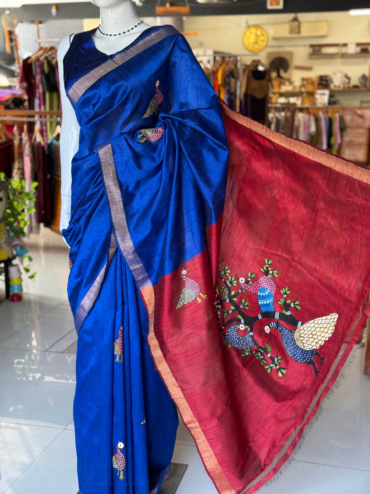 Royal blue Gond hand painted, hand woven raw silk saree