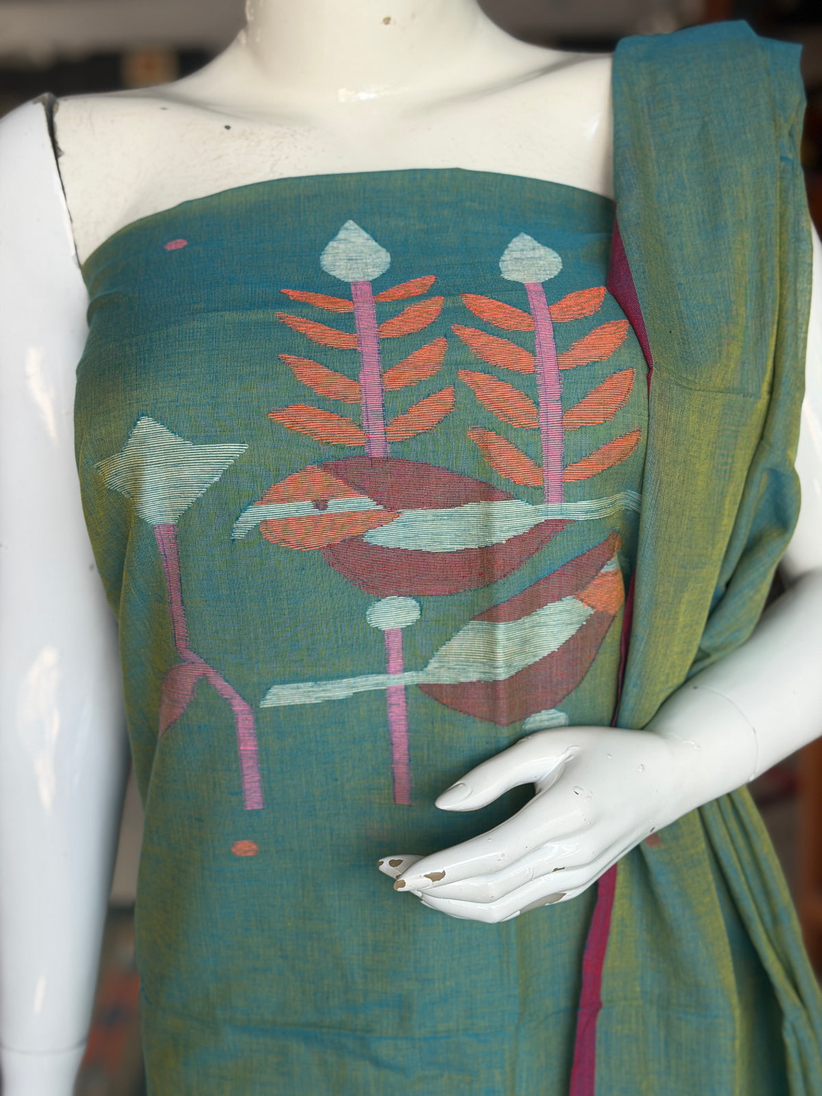 Sage green cotton handwoven Jamdani 2 piece unstitched set - kurti n dupatta