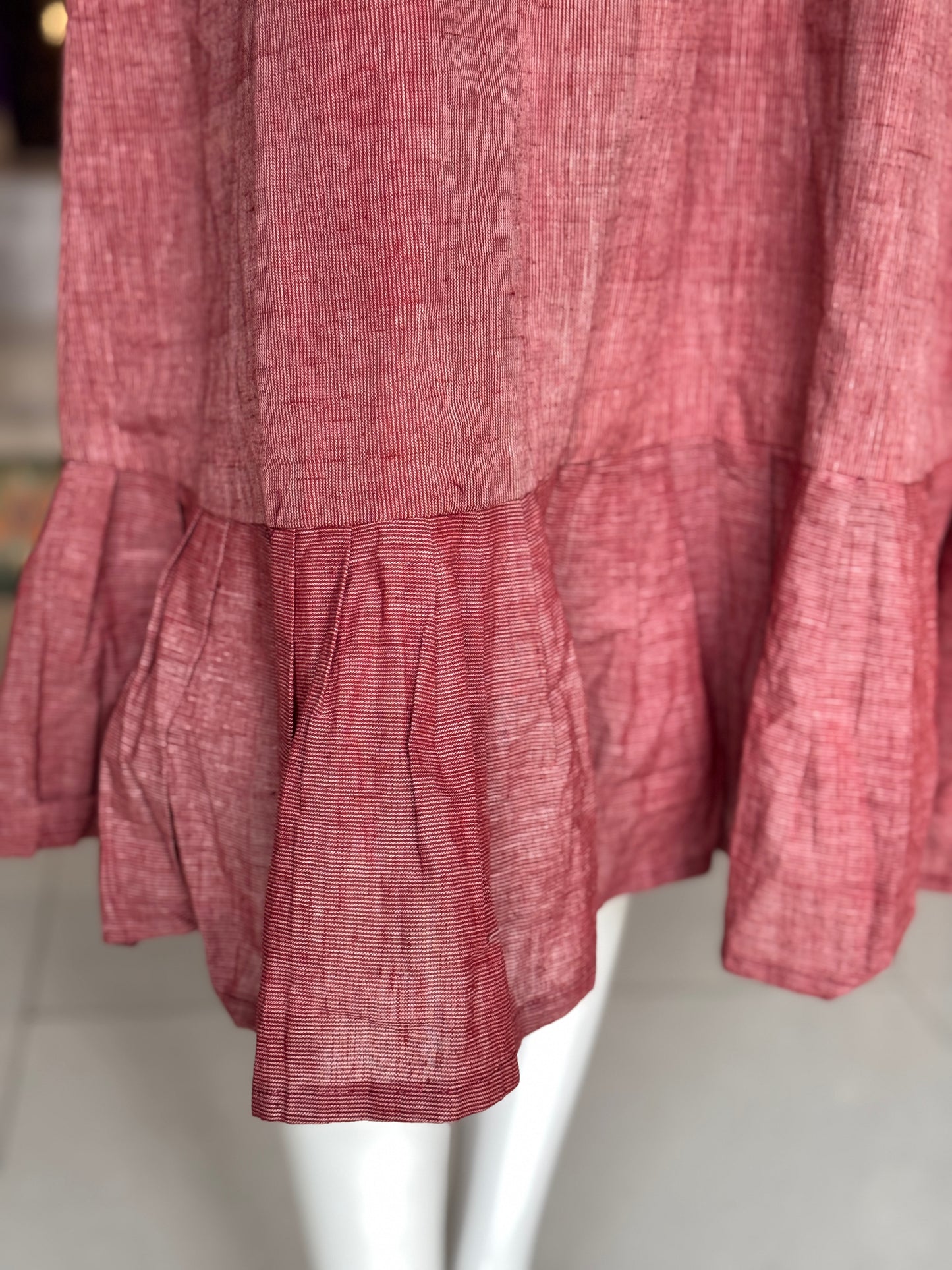 Maroon fine stripes hand woven, cotton dress with gathers at hem