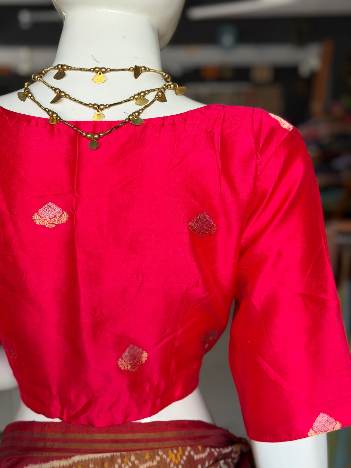 Red with gold and silver butis handwoven silk blouse
