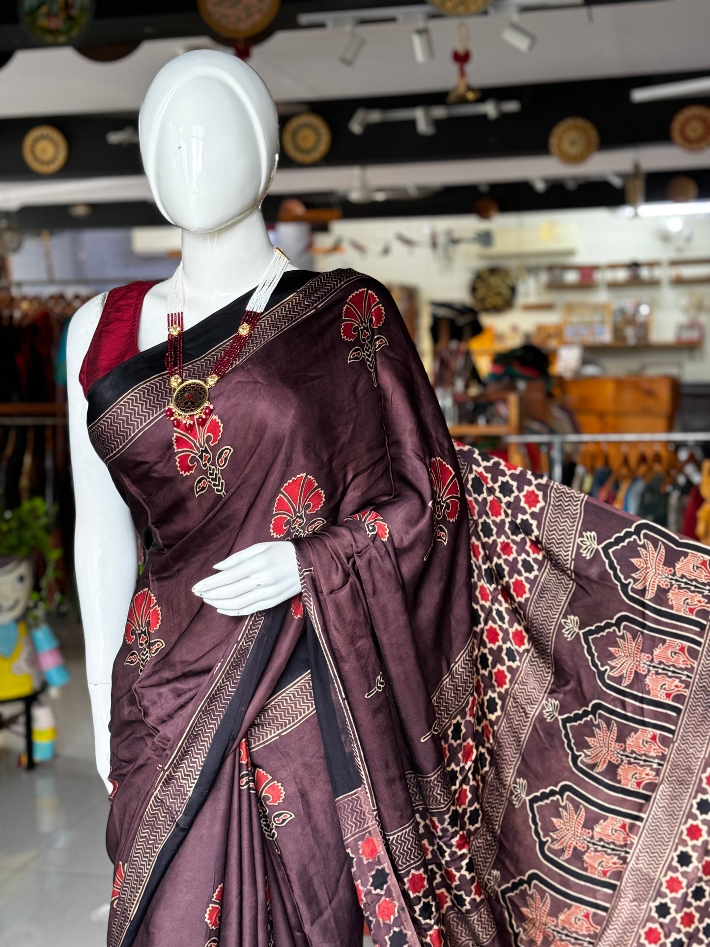 Ajrakh hand block printed soft modal saree in shades of Aubergine