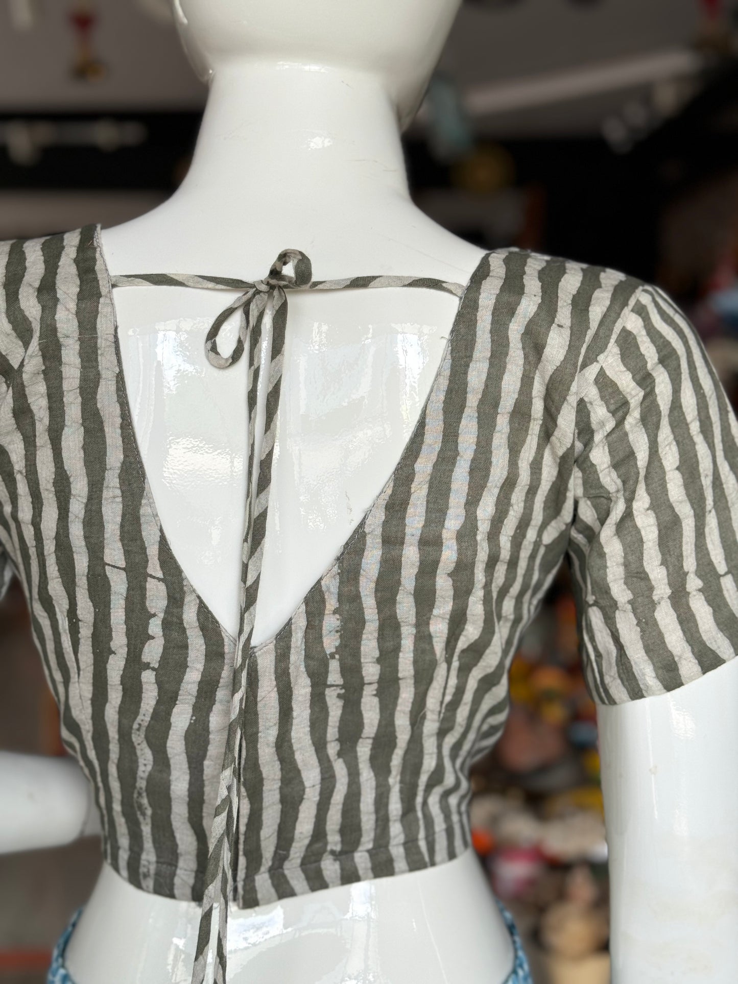 Grey batik stripes cotton back open blouse with lining