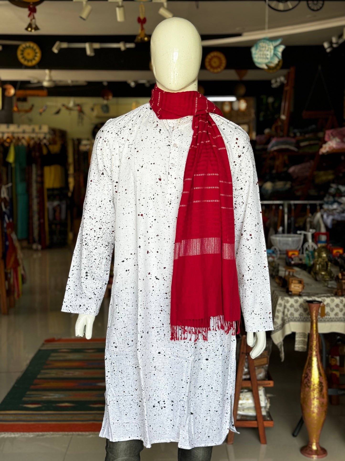 White handloom cotton long kurta with contemporary spray paint style hand block print