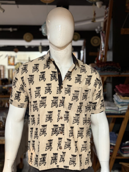 Beige easy chair print half sleeves mens natural dye, hand block printed cotton shirt