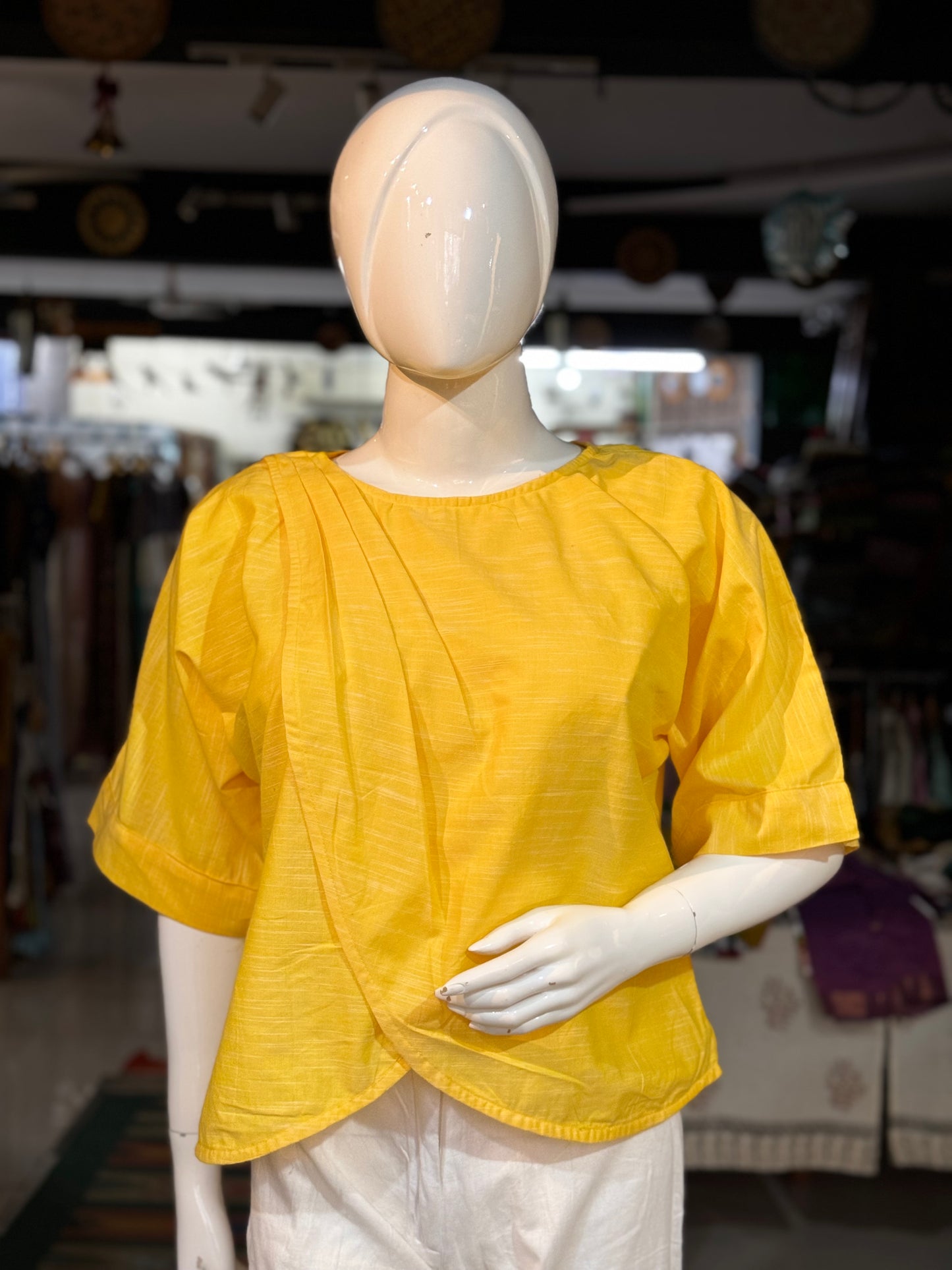 Yellow one side pleats cotton relaxed fit top