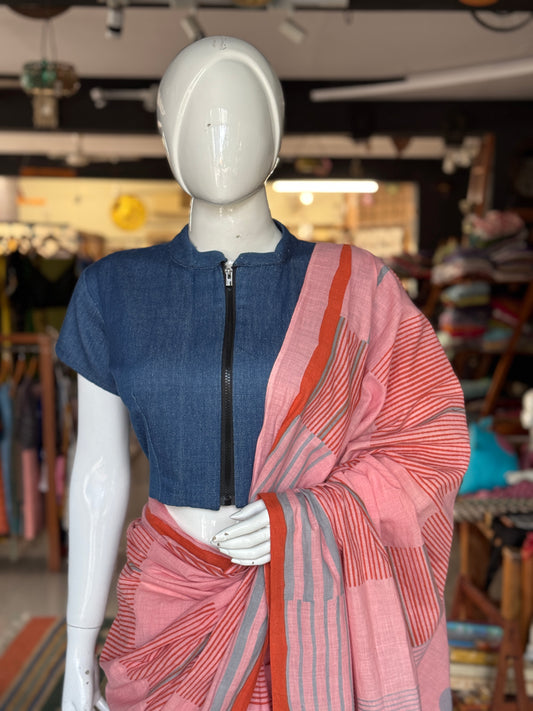 Denim jacket blouse - hand woven, natural dyed denim with zipper, wear it like a blouse, crop top or a jacket