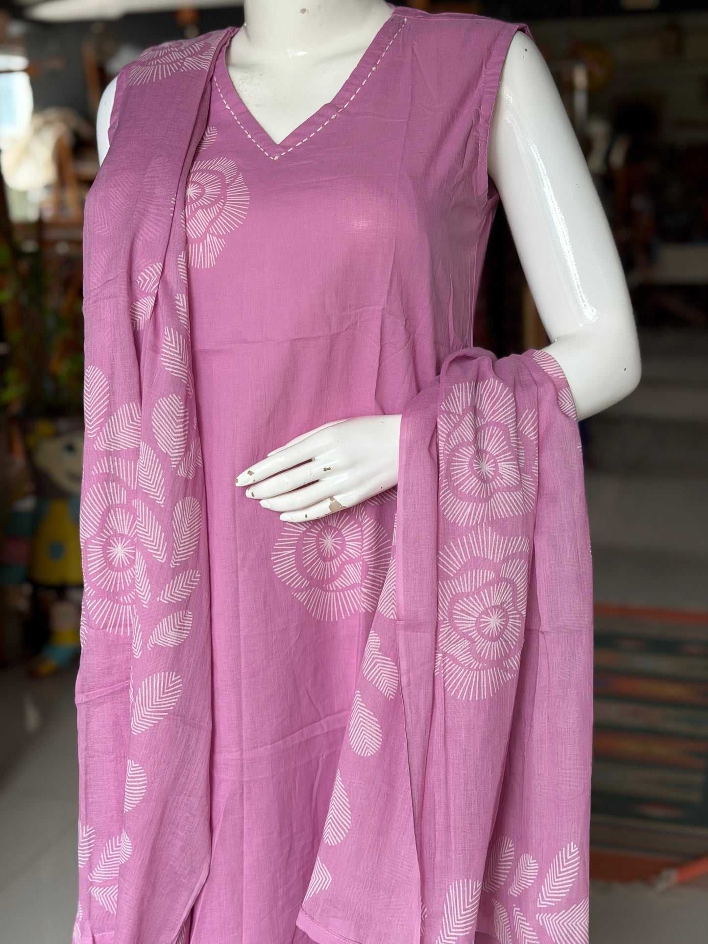 Light onion pink floral a-line sleeveless kurti, pants and dupatta - 3 piece set