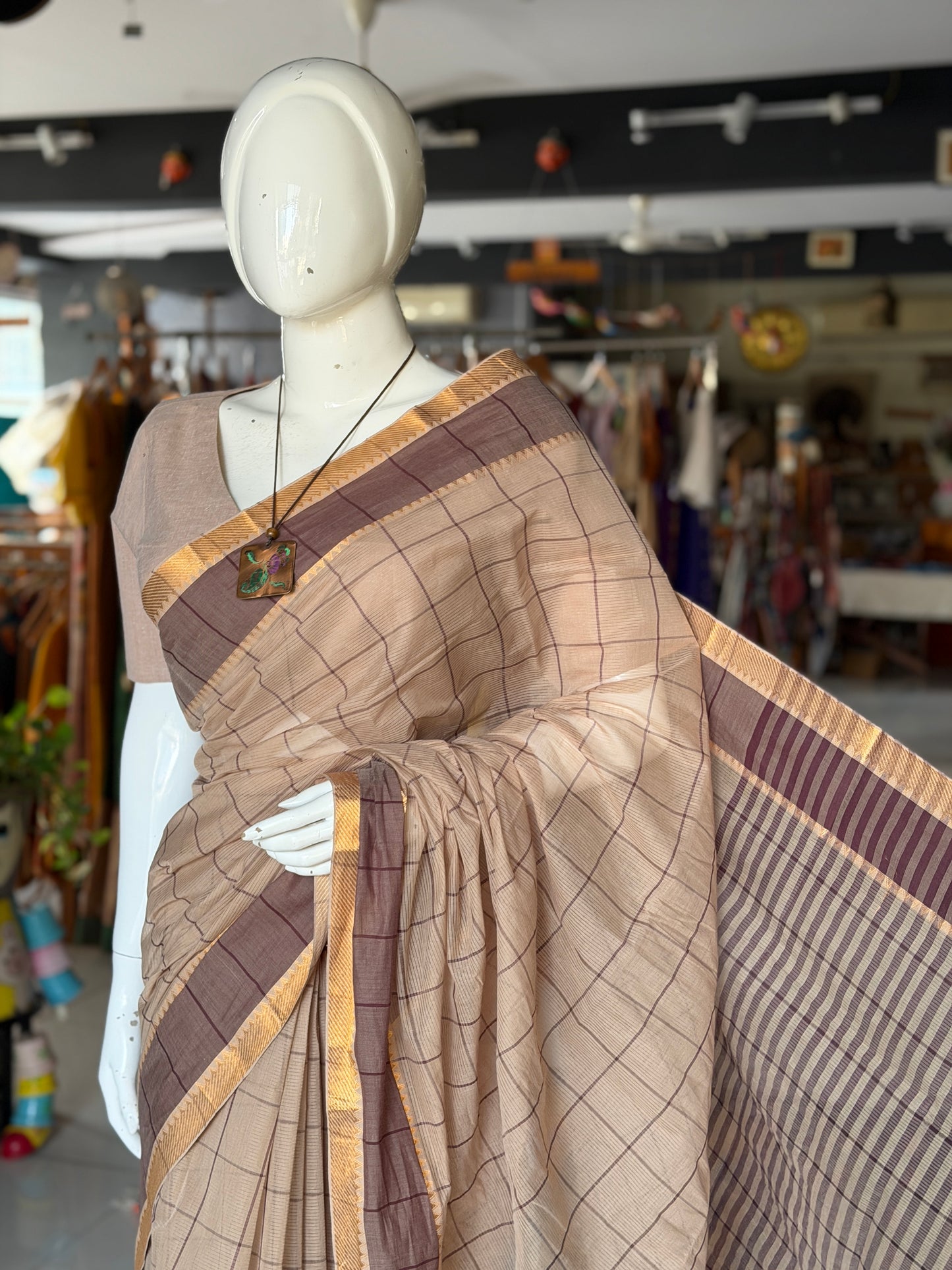 Light brown and wine checks Mangalagiri handloom cotton saree