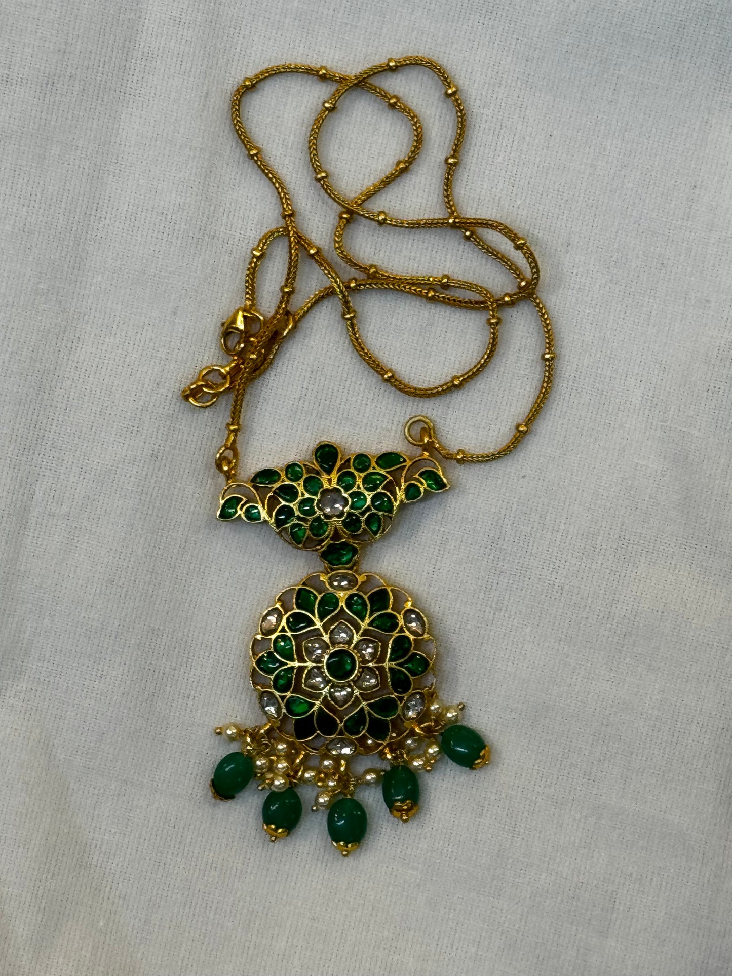 Green kundan pendant - gold polish 925 sterling silver necklace