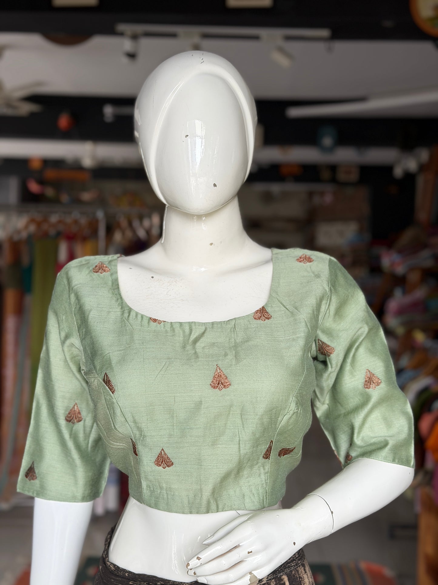 Sage green handwoven pure silk elbow sleeved blouse - both front and back open options available