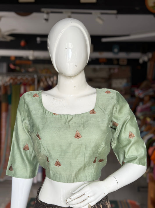 Sage green handwoven pure silk elbow sleeved blouse - both front and back open options available