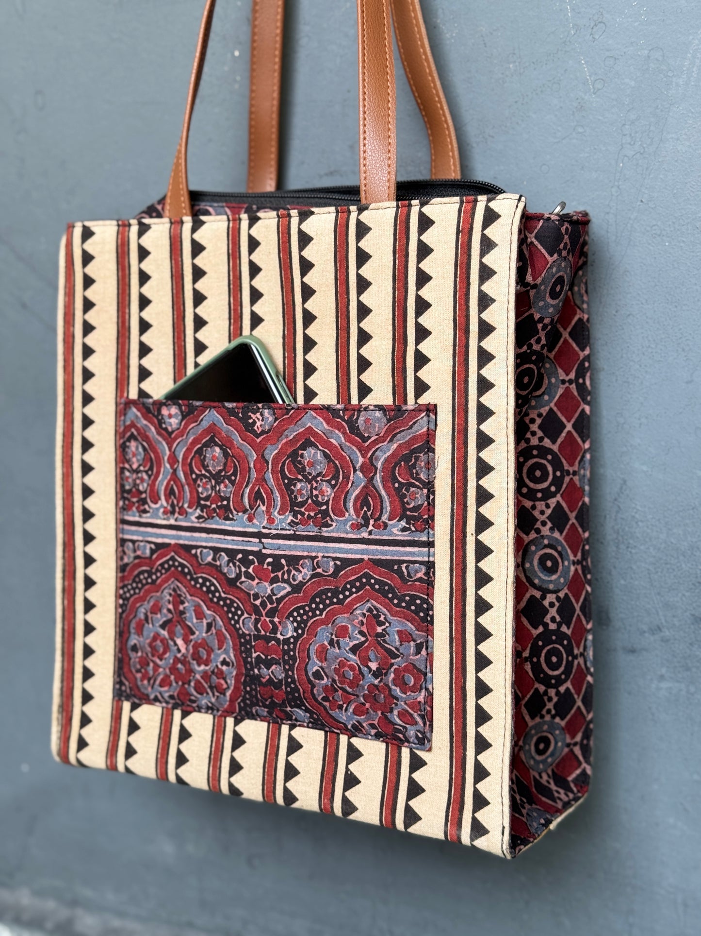 Wide base hand block printed, fabric tote bag with front patch pocket