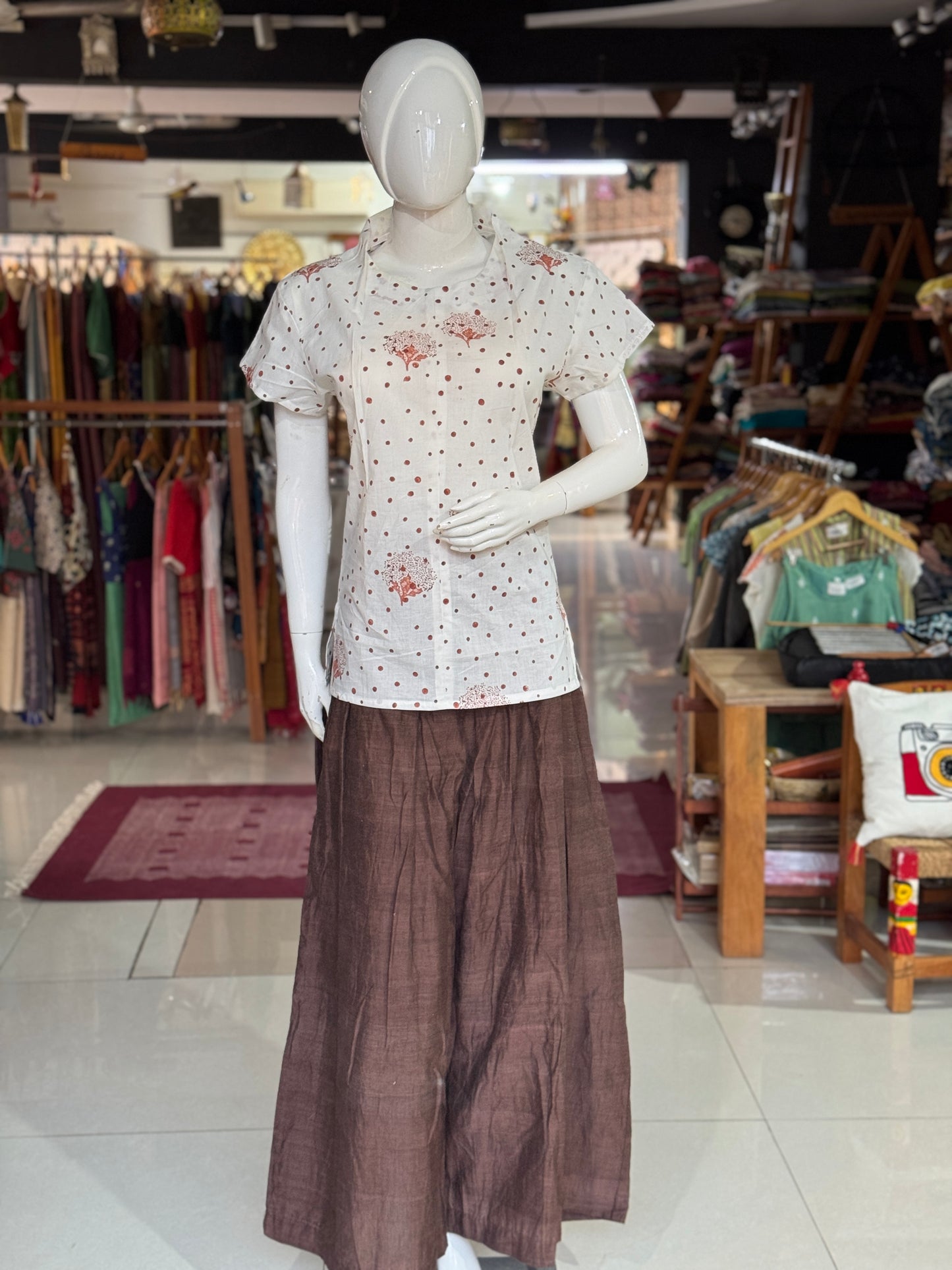 White and brown hand block printed cotton short kurti / top