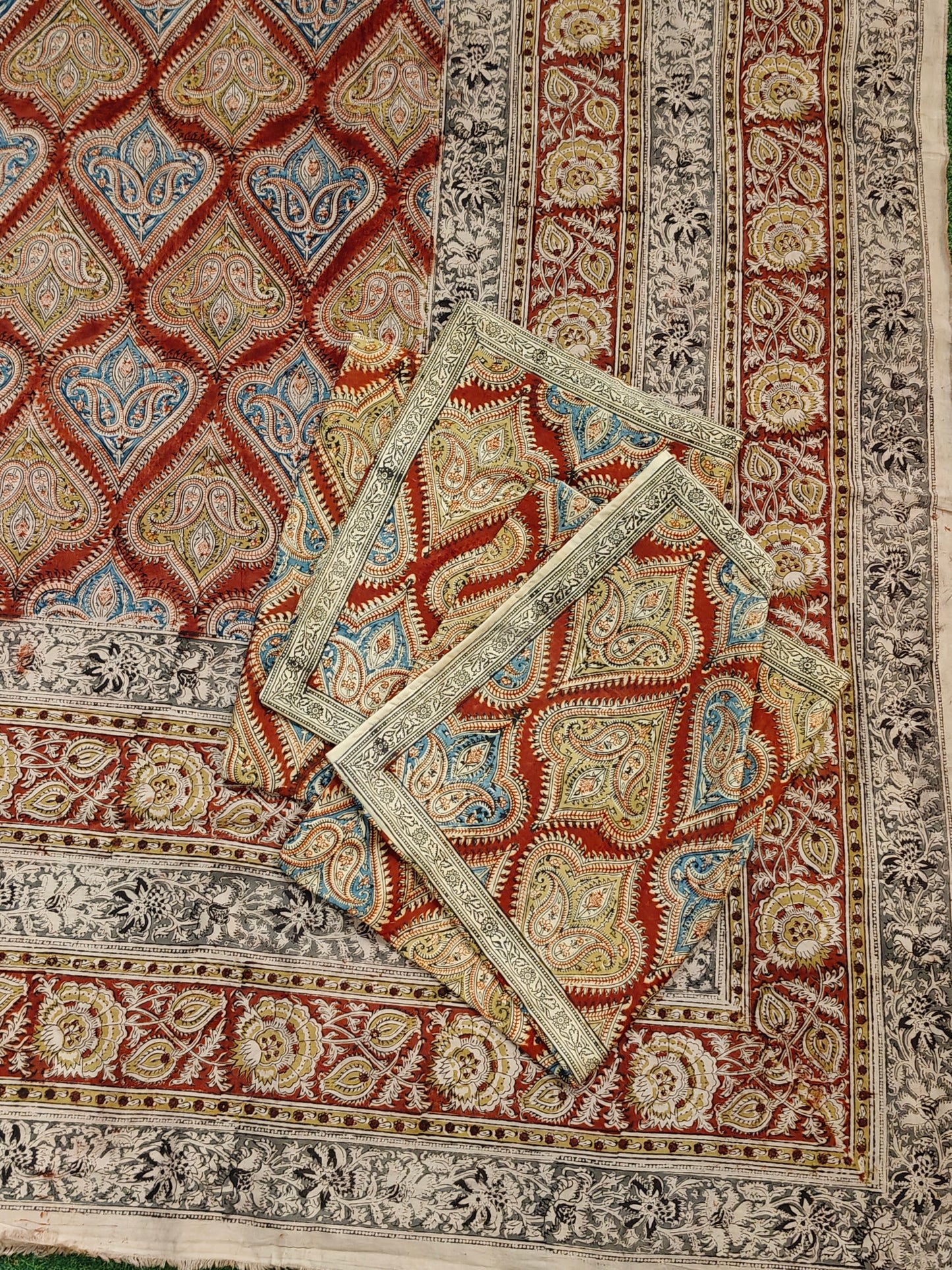 Maroon paisley design Kalamkari hand block printed smooth satin cotton king size bedsheet + 2 pillow covers