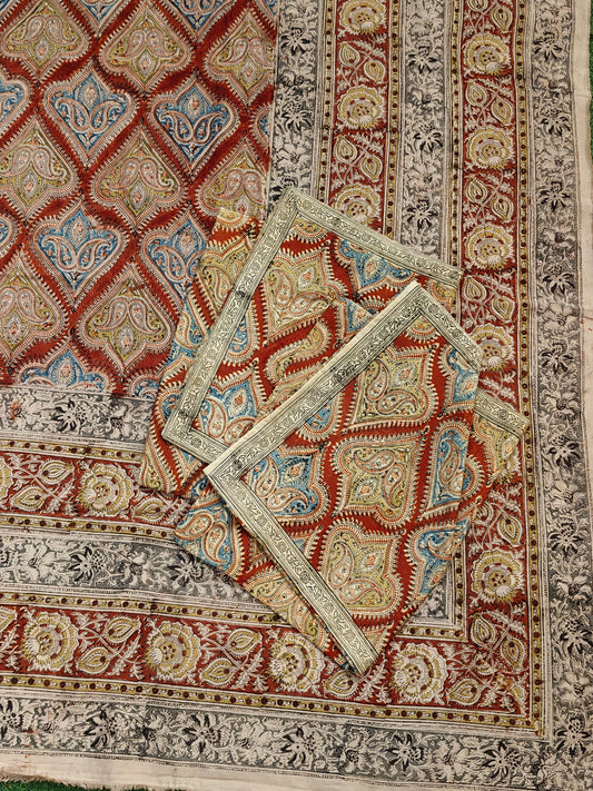 Maroon paisley design Kalamkari hand block printed smooth satin cotton king size bedsheet + 2 pillow covers