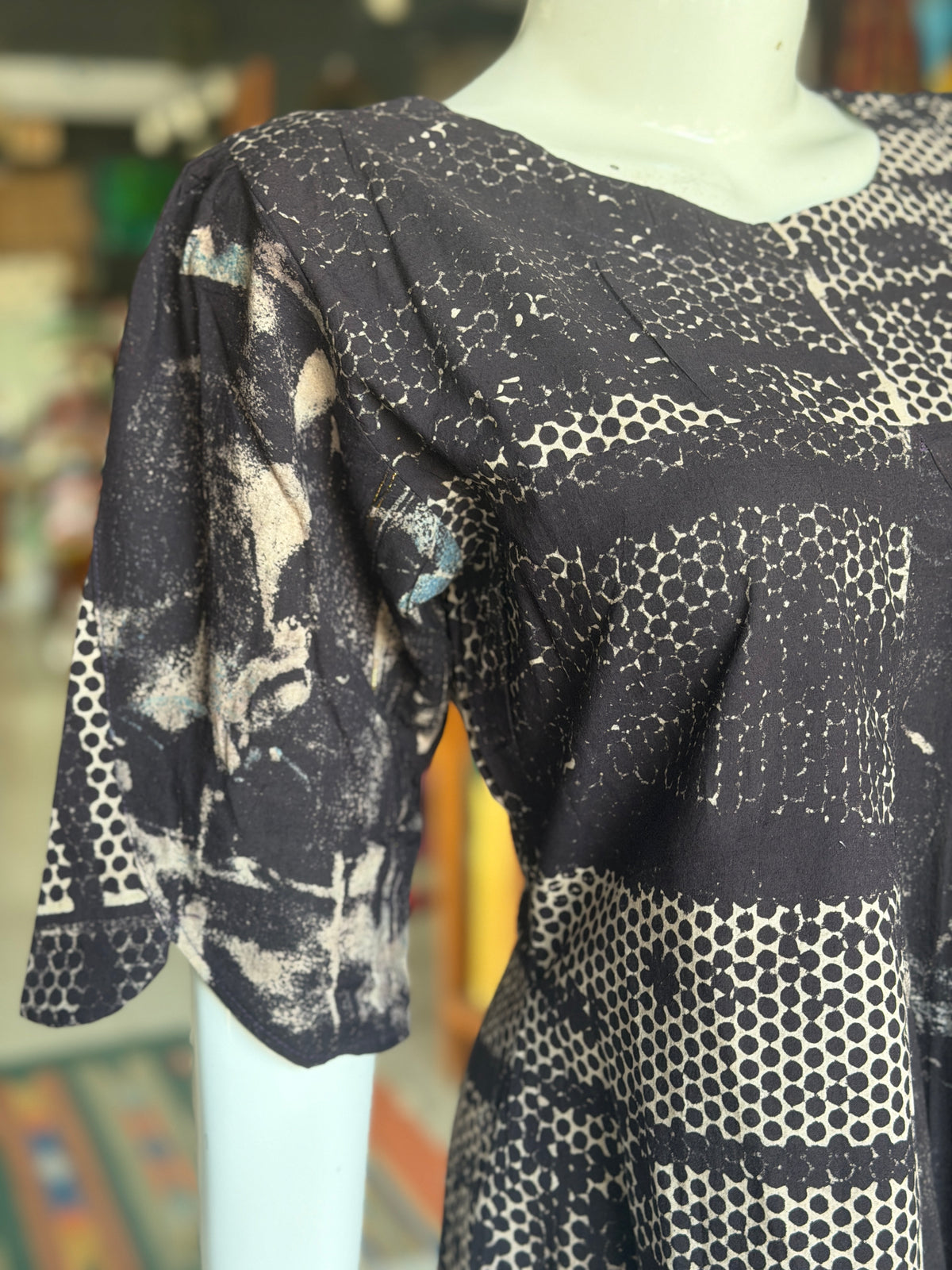 Black and beige hand block printed cotton dress