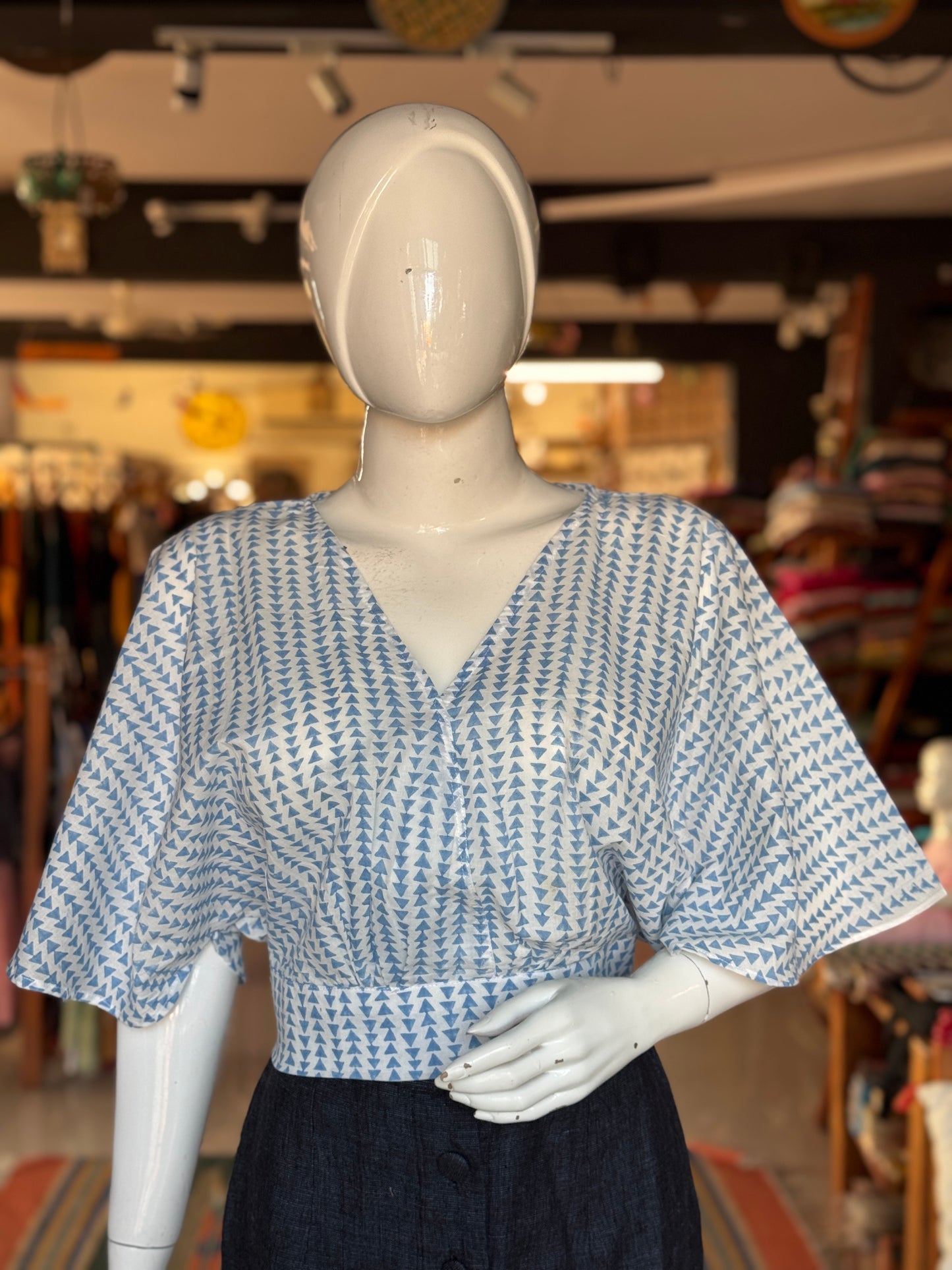 White n blue hand block printed cotton crop top with bat wing sleeves