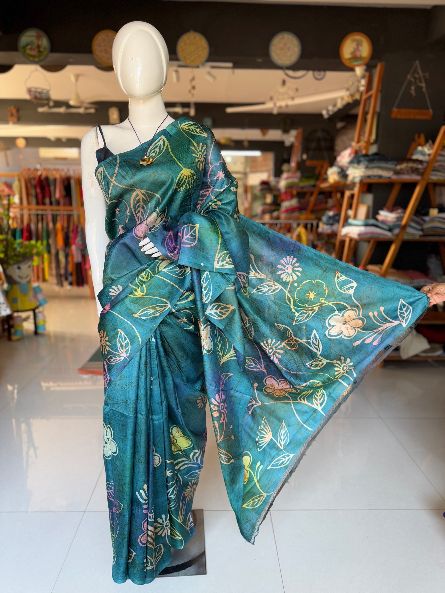 Teal blue hand painted Batik floral pure katan silk saree