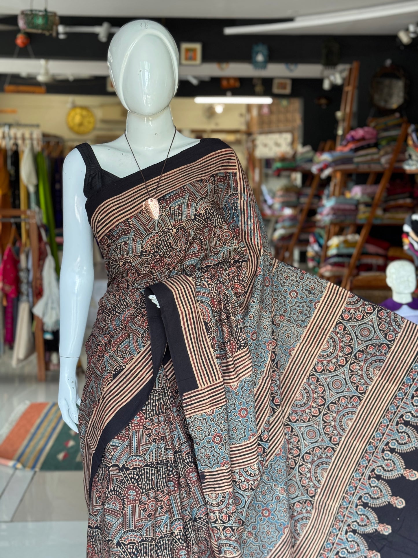Ajrakh hand block printed 60s cotton saree - design options available