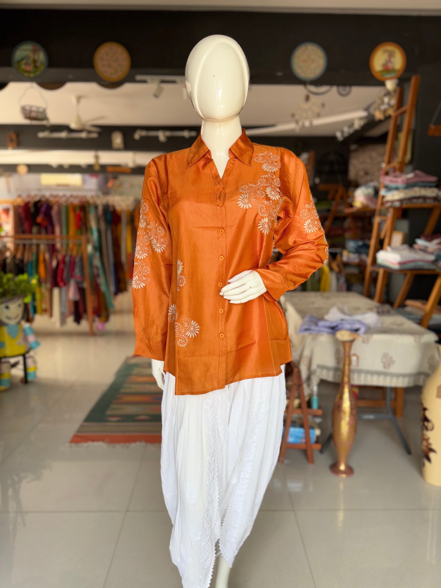 Burnt orange tone fine tussar silk Chikankari hand embroidered shirt for women