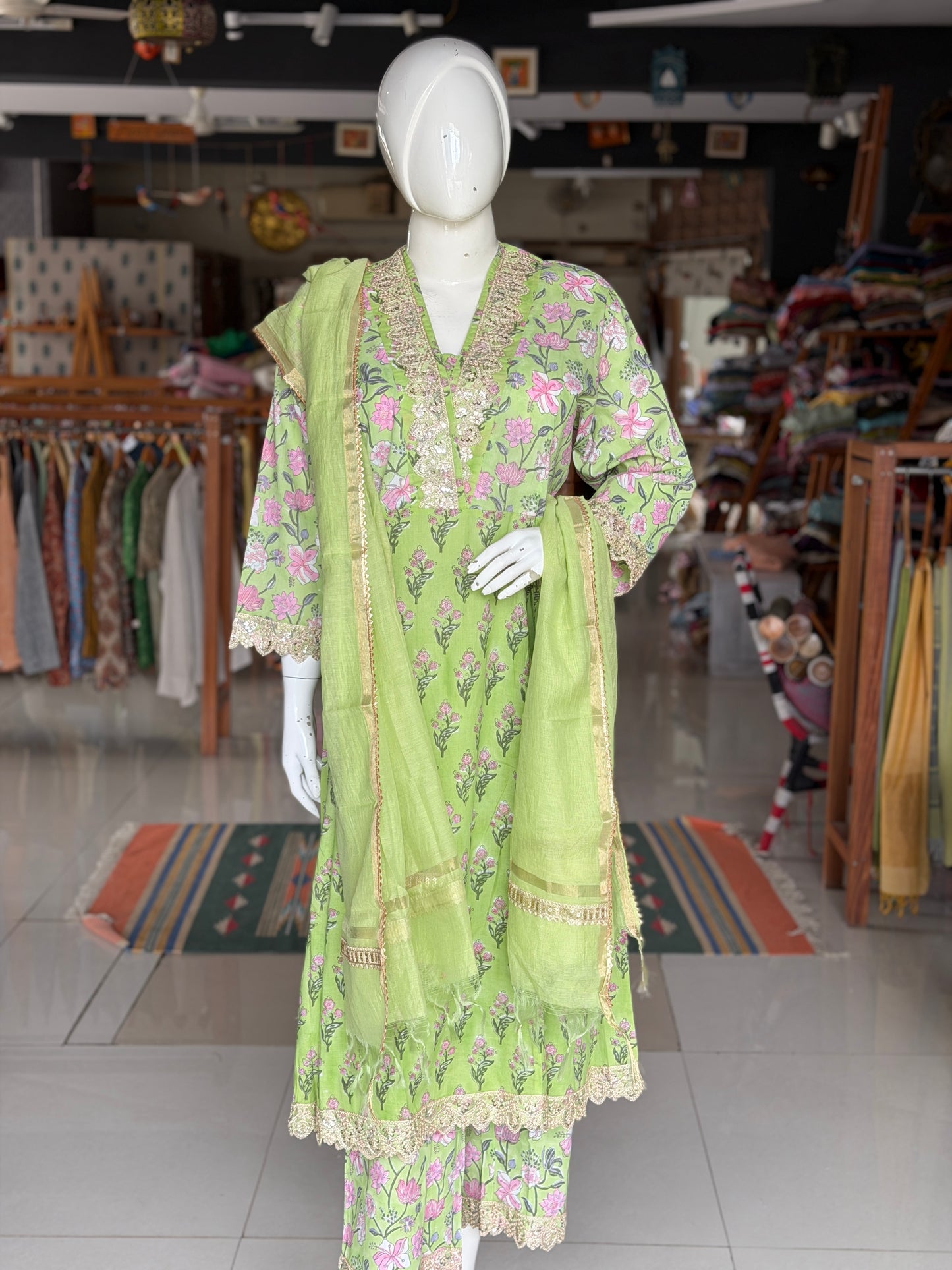 Green floral hand block print with lace detailing flared kurti, pants and dupatta - 3 piece set