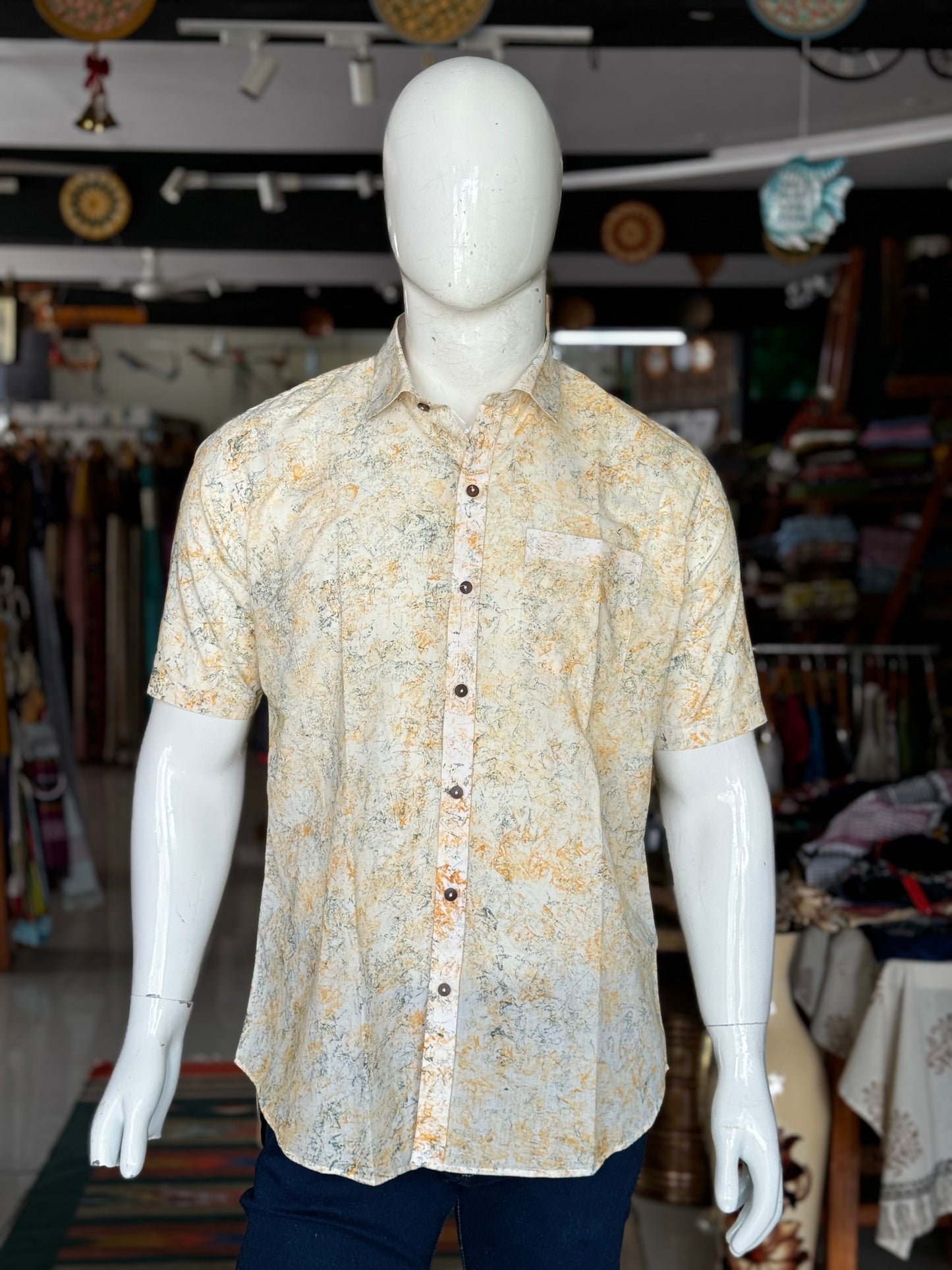 Cream paper hand printed cotton mens shirt - half sleeves