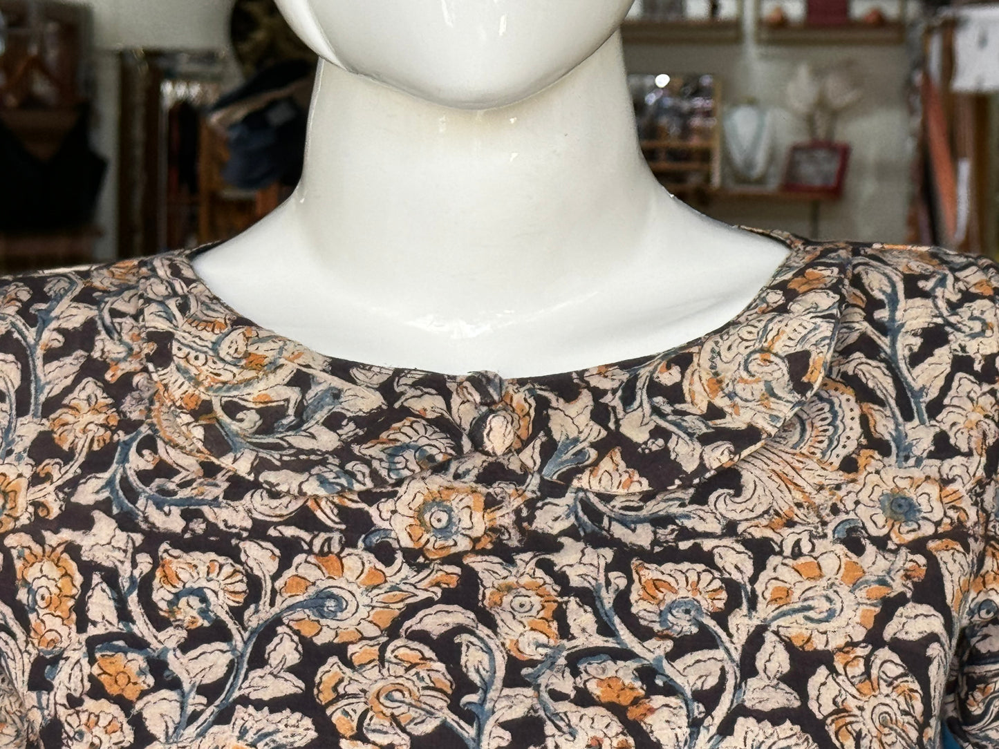 Black floral kalamkari cotton crop top / blouse with Peter Pan collar