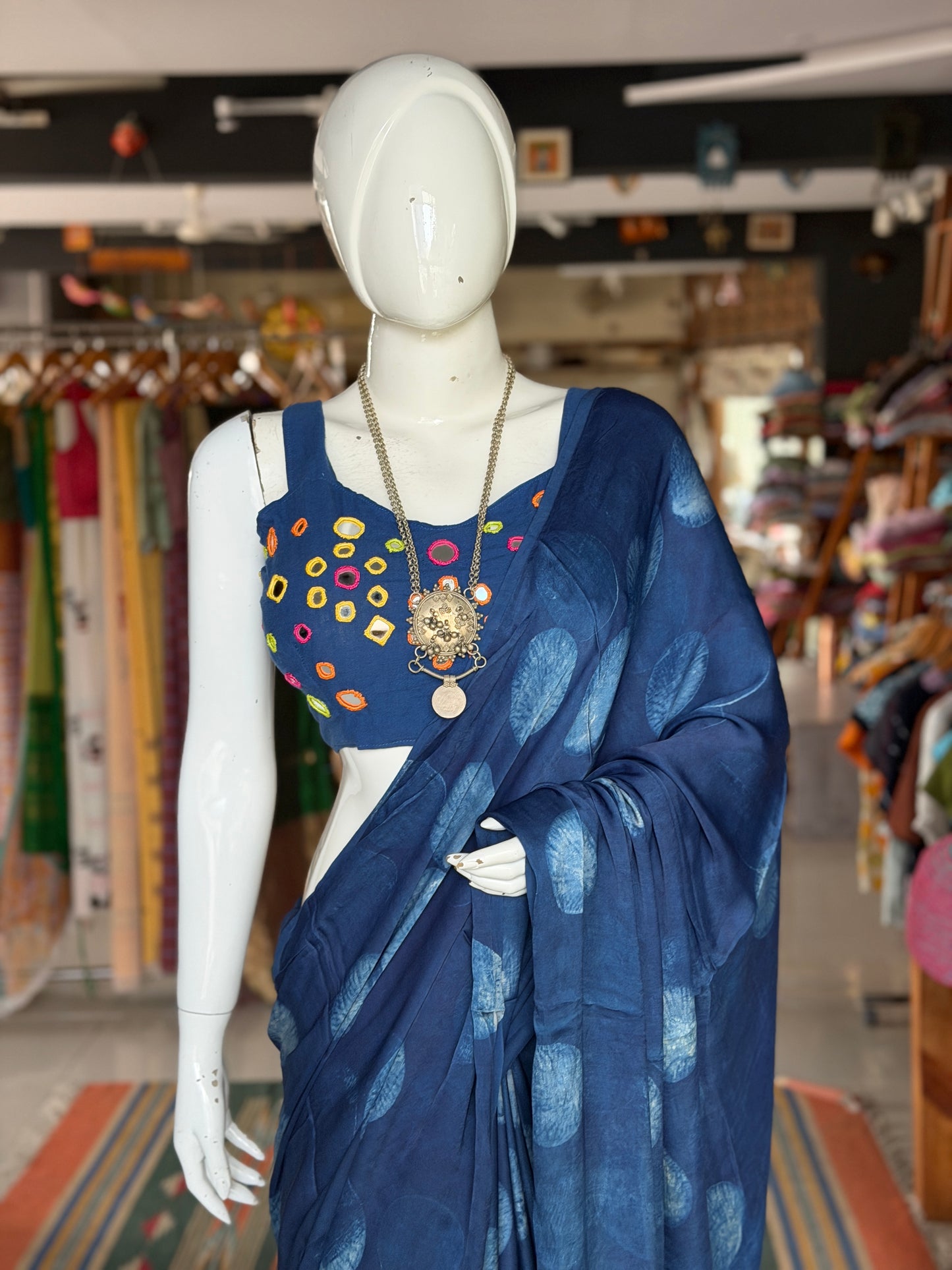 Indigo hazy circles print soft modal yardage saree / fabric - handcrafted