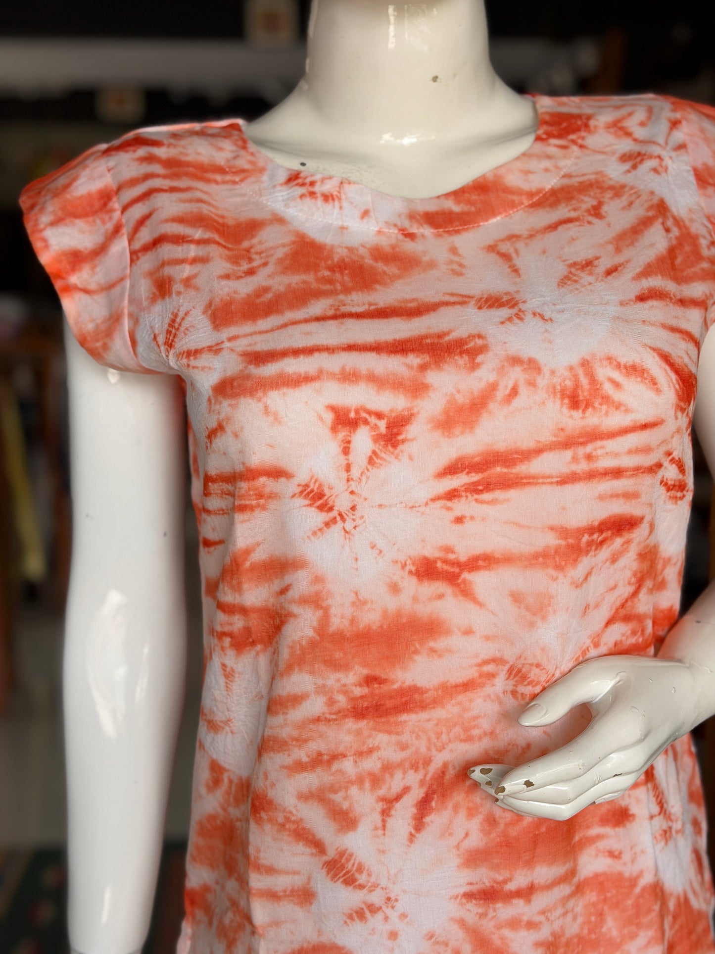 Orange and white tie n dye cotton kurti