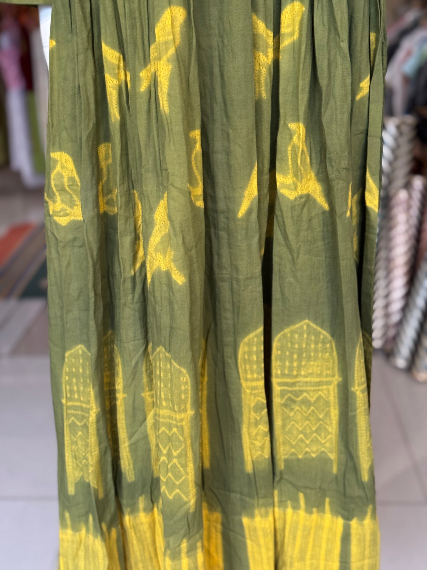 Green and yellow Shibori needle tie n dye cotton dress with draw string waist