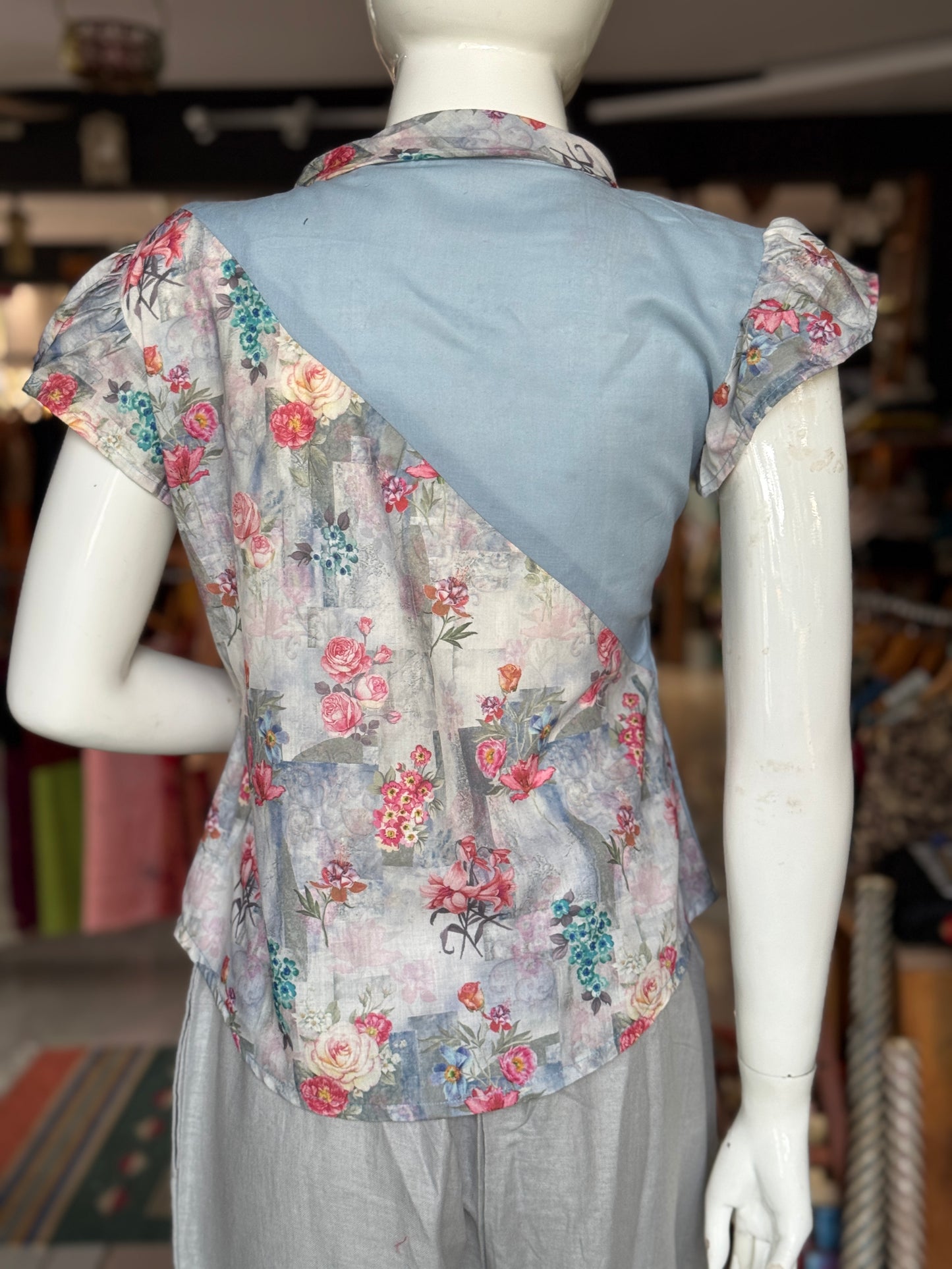Light blue grey digital print floral half n half top