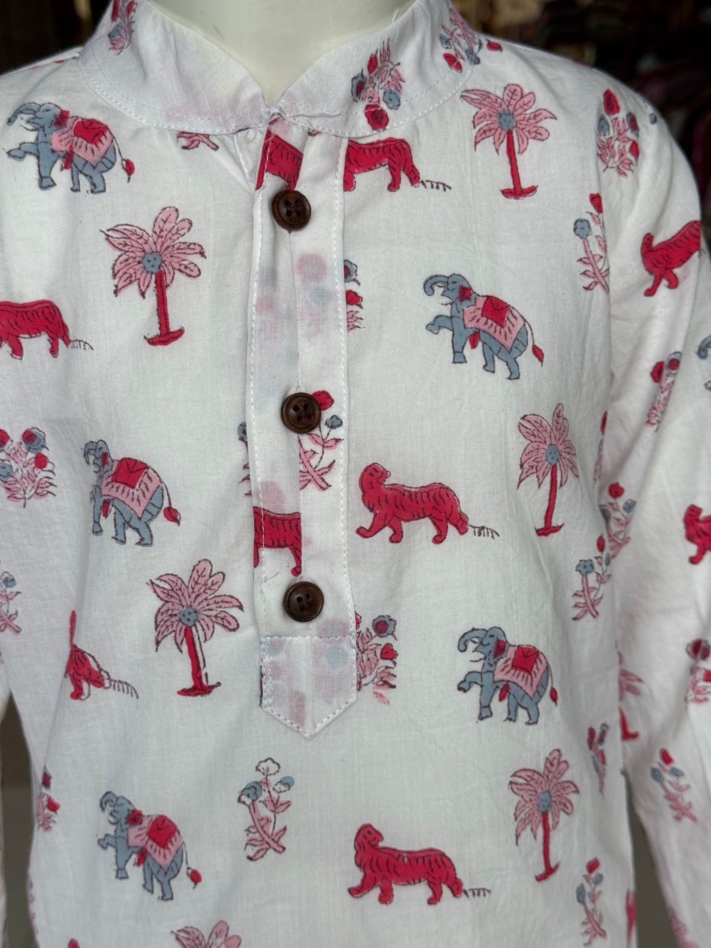 Jungle theme white hand block printed long cotton kurta for boys