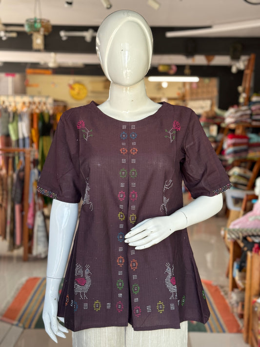 Brown Tangaliya handloom cotton top with peacock, rose n deer motifs