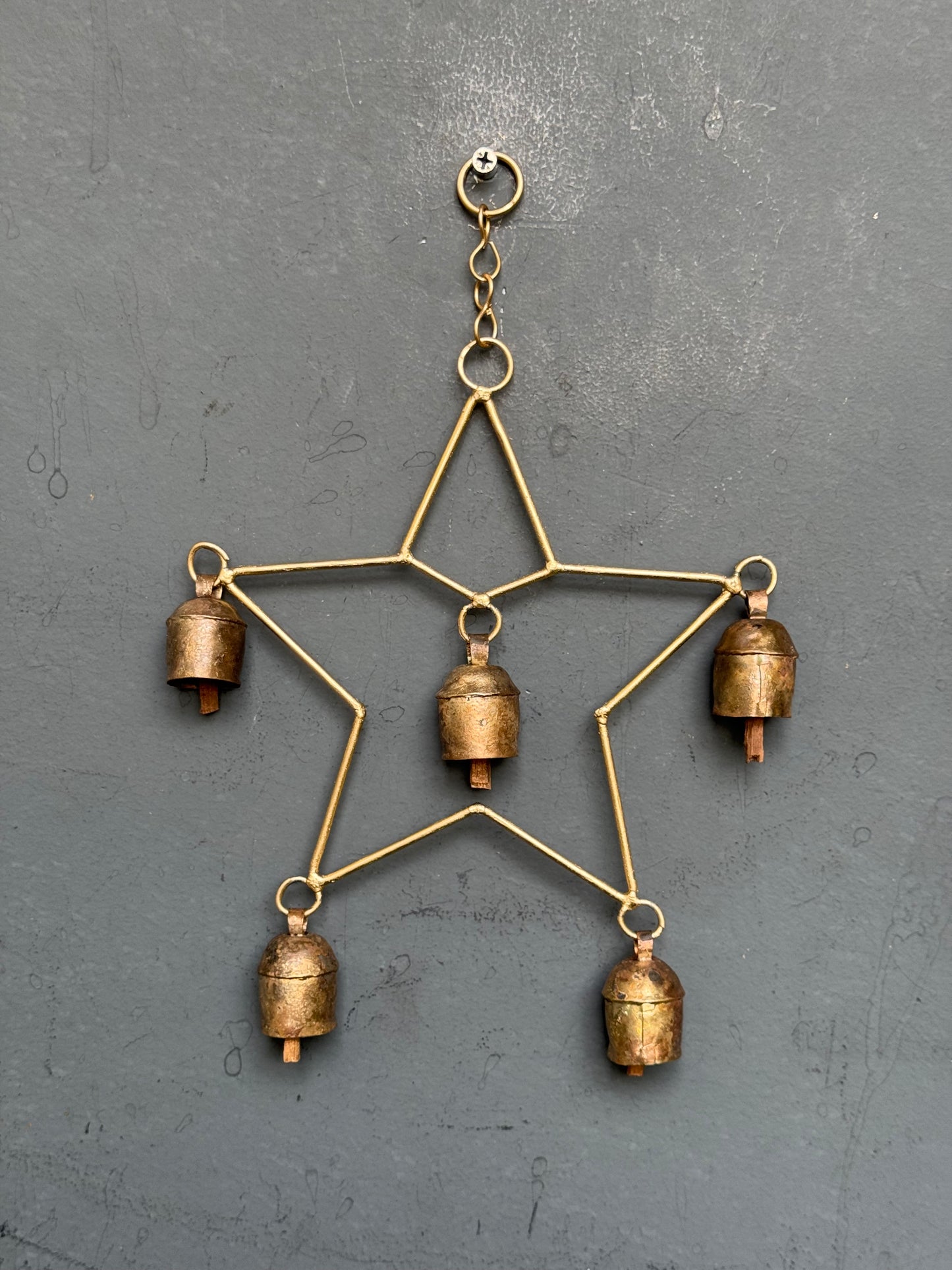 5 point star - copper handcrafted 5 bells hanging